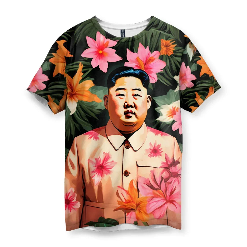 A stylized, painted portrait of a stoic East Asian political figure (sporting a distinctive high-and-tight) commands attention against a dense layer of lush tropical foliage. Contact us with accessibility feedback, we'd love to help!