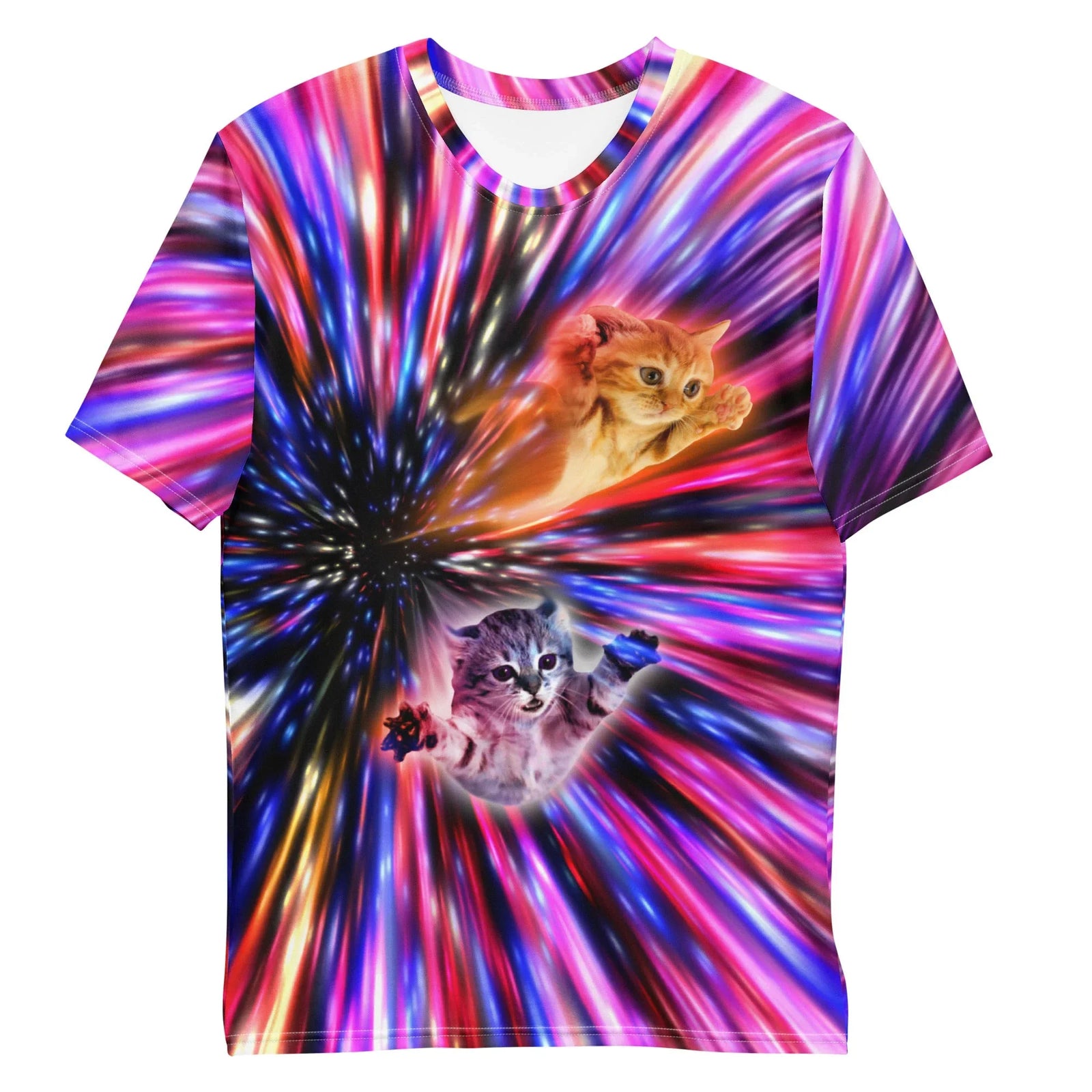 Two photorealistic kittens float in zero gravity amidst a chaotic, psychedelic high-velocity warp tunnel. Contact us with accessibility feedback, we'd love to help!