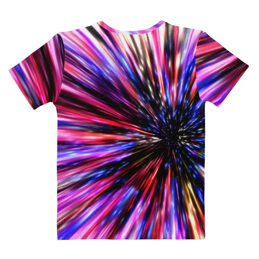 Flying Cat Lasers Women's Tee - The specific juxtaposition of photorealistic kittens against "Cyan Laser beams (#00FFFF)", "Electric Magenta (#FF00FF)" streaks, and a high-saturation warp speed background in "Deep Galactic Indigo (#4B0082)" and "Solar Flare Yellow (#FFD700)"