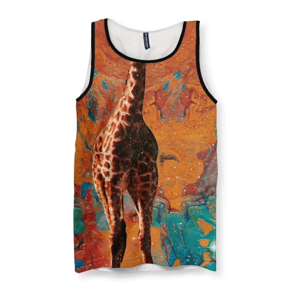 A surreal tank top design features a realistic giraffe (viewed from behind) with authentic cocoa brown and tawny beige spots, its long neck stretching vertically through the composition. Contact us with accessibility feedback, we'd love to help!