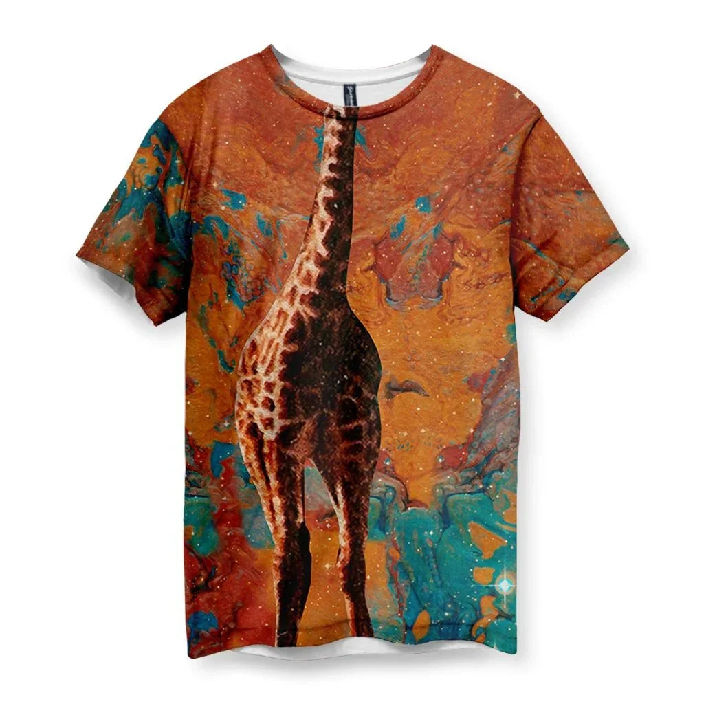 A photorealistic giraffe viewed from behind stretches vertically across a cosmic explosion of burnt sienna, rusted copper, and turquoise swirls. Contact us with accessibility feedback, we'd love to help!