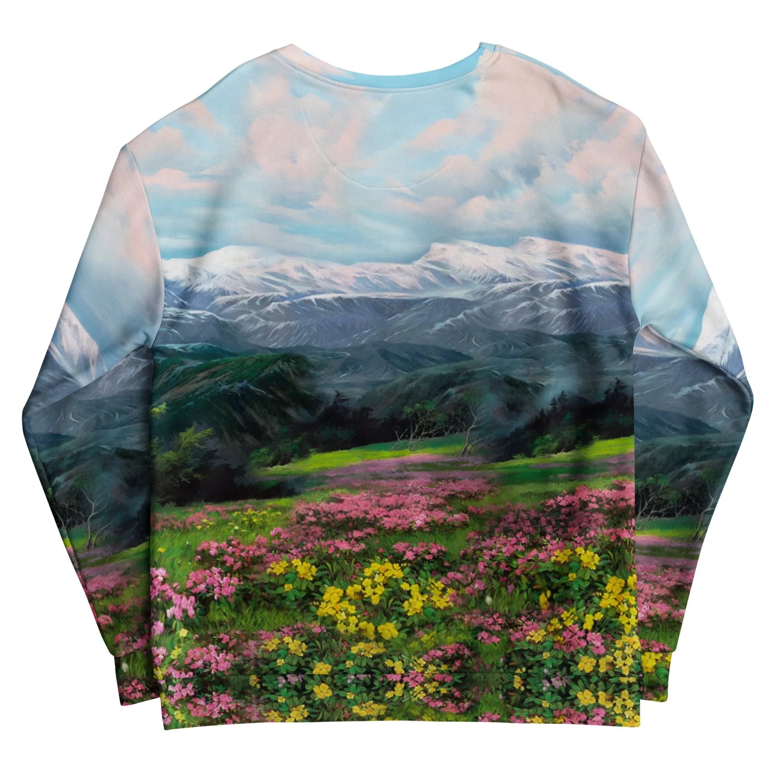 Glorious Dear Leader Sweatshirt - The juxtaposition of the iconic #968364 utilitarian suit against the hyper-idealized "Mount Paektu" style scenery (#87CEEB cerulean sky, #4F7942 verdant meadows) typically reserved for state media.