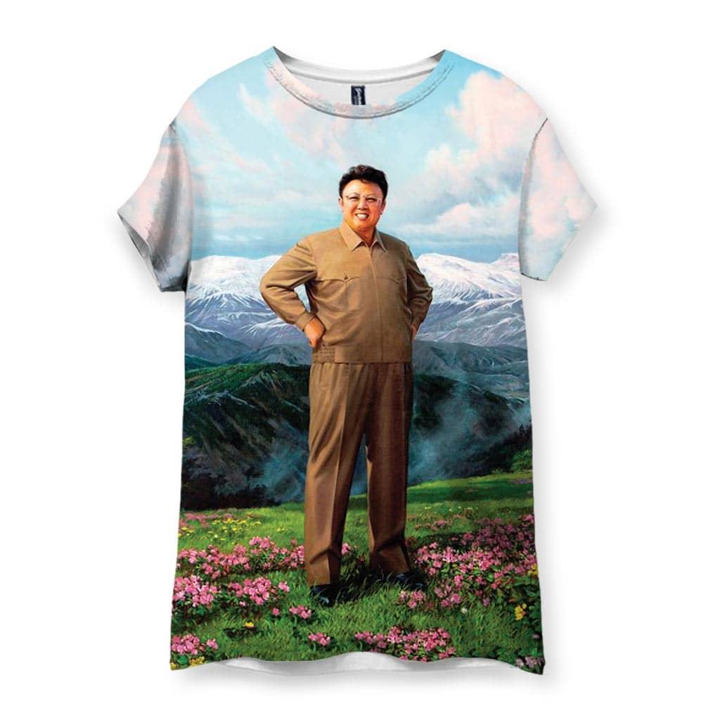 A surreal, propaganda-style portrait depicts a smiling male figure in a khaki beige utilitarian suit (struck in a benevolent, hands-on-hips pose). Contact us with accessibility feedback, we'd love to help!