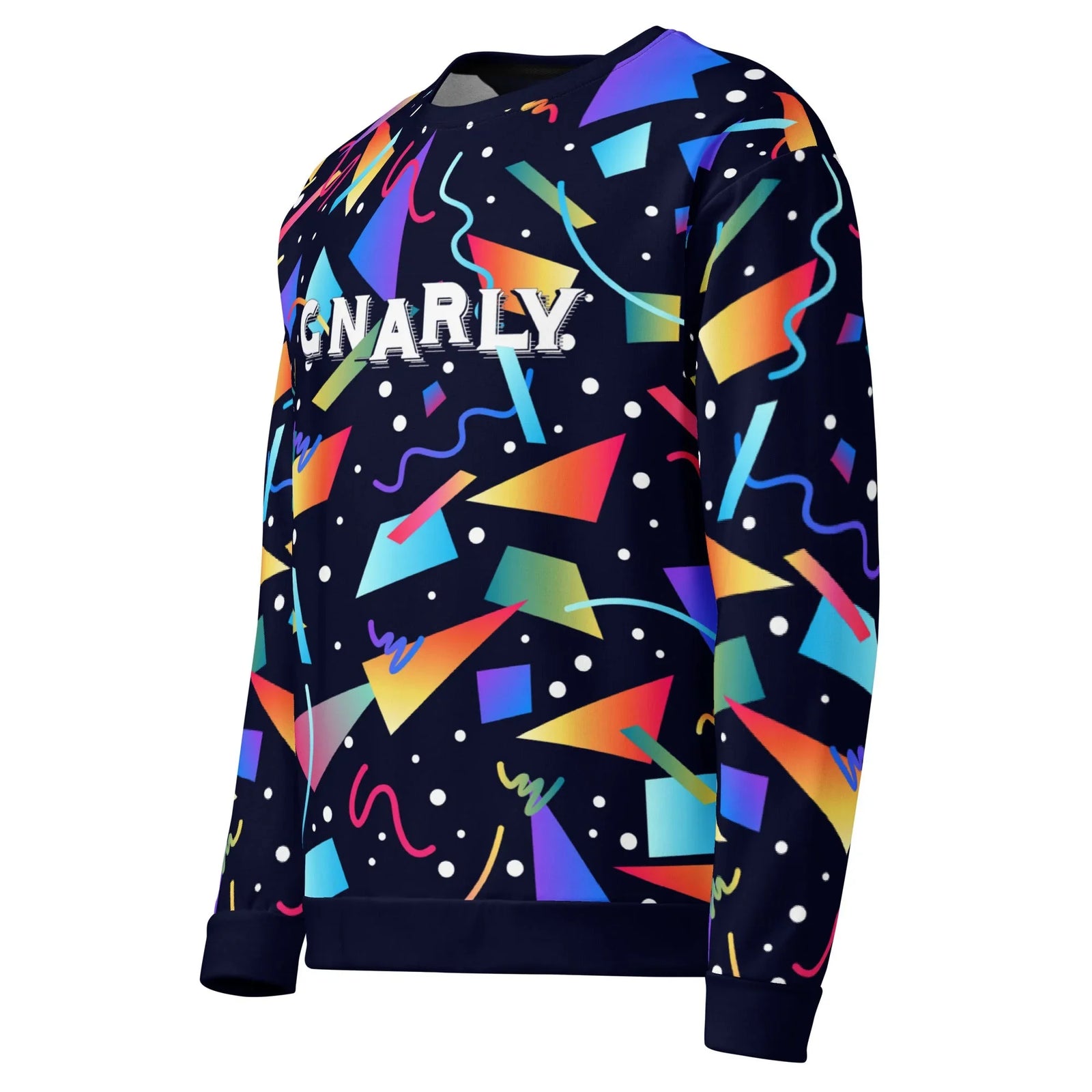 Gnarly Men's Sweatshirt - The distressed serif "GNARLY" text overlaid on electric cyan (#00FFFF) floating trapezoids, neon confetti squiggles, and vaporwave gradients transitioning to deep violet, warm sunset orange, and canary yellow (#FFD700).