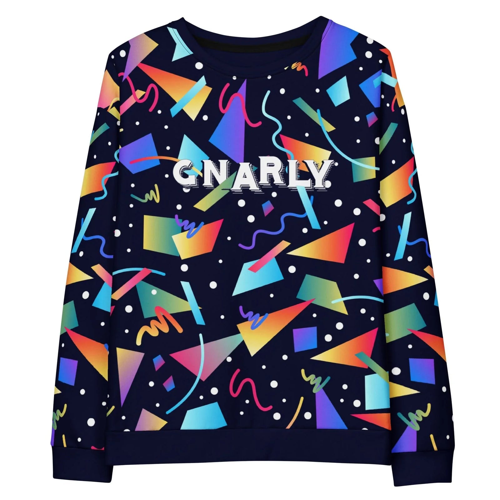 The word "GNARLY" commands attention in a distressed white varsity font, set against a deep abyssal navy backdrop teeming with a chaotic Memphis-design aesthetic. Contact us with accessibility feedback, we'd love to help!