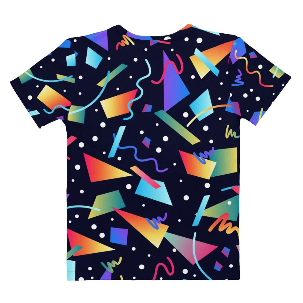 Gnarly Women's Tee - The specific collision of hot magenta (#FF00FF) squiggles and electric cyan (#00FFFF) geometric shards against the deep void background (#050510), immediately recalling roller rink carpets and Trapper Keeper binders.