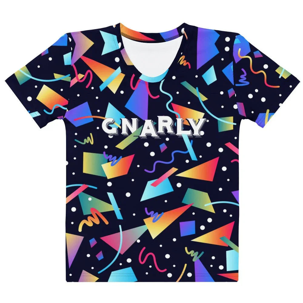 Gnarly Women's Tee in Midnight Neon Memphis. OEKO-TEX® 100, REACH Compliant, Zero-Wastewater Printing.