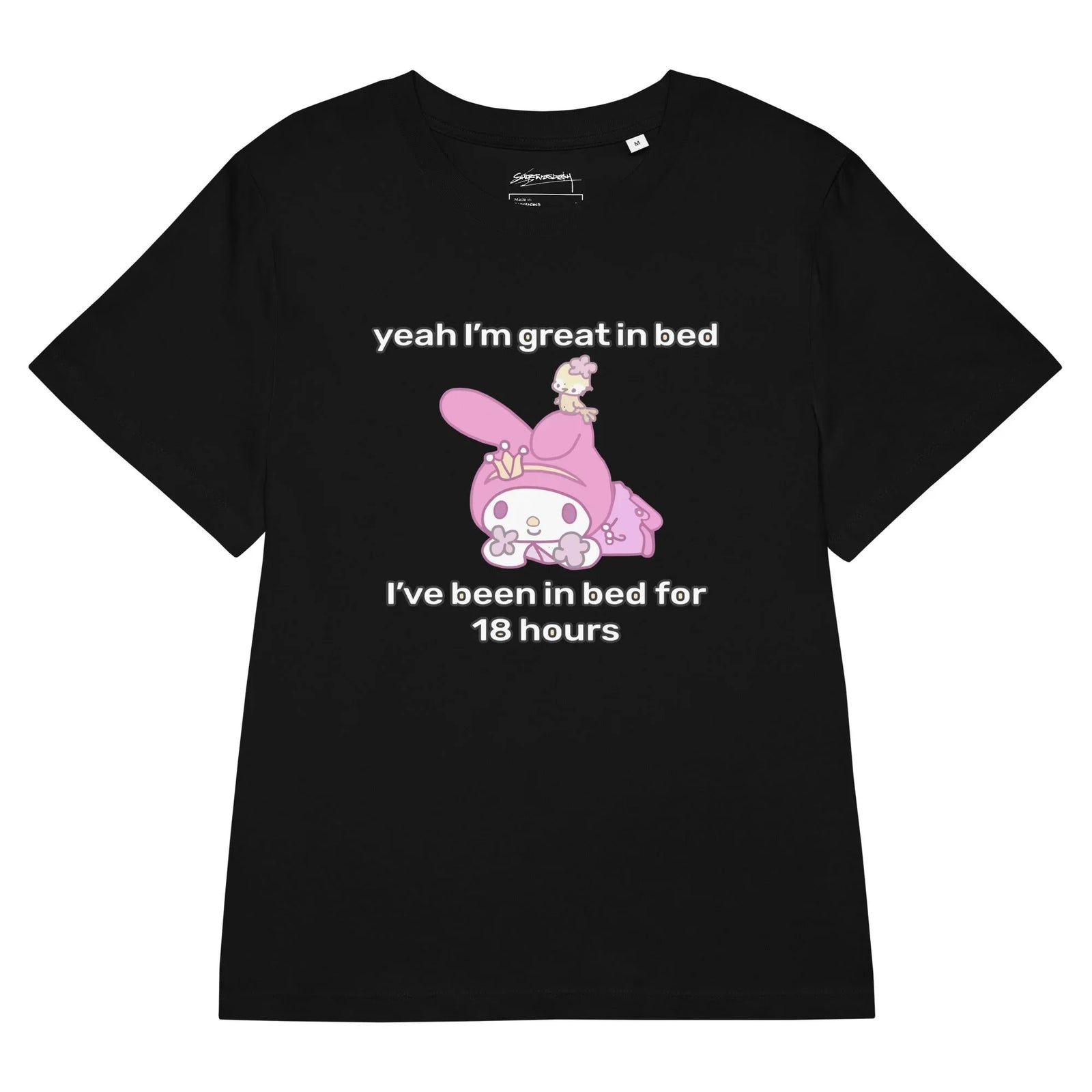 Great in Bed Women’s Tee - The bait-and-switch text layout flanking the innocent #D462A5 orchid-hooded character against the vibrant #F49AC1 bubblegum pink background, enhanced by the pale yellow bird perched atop for added whimsical contrast.