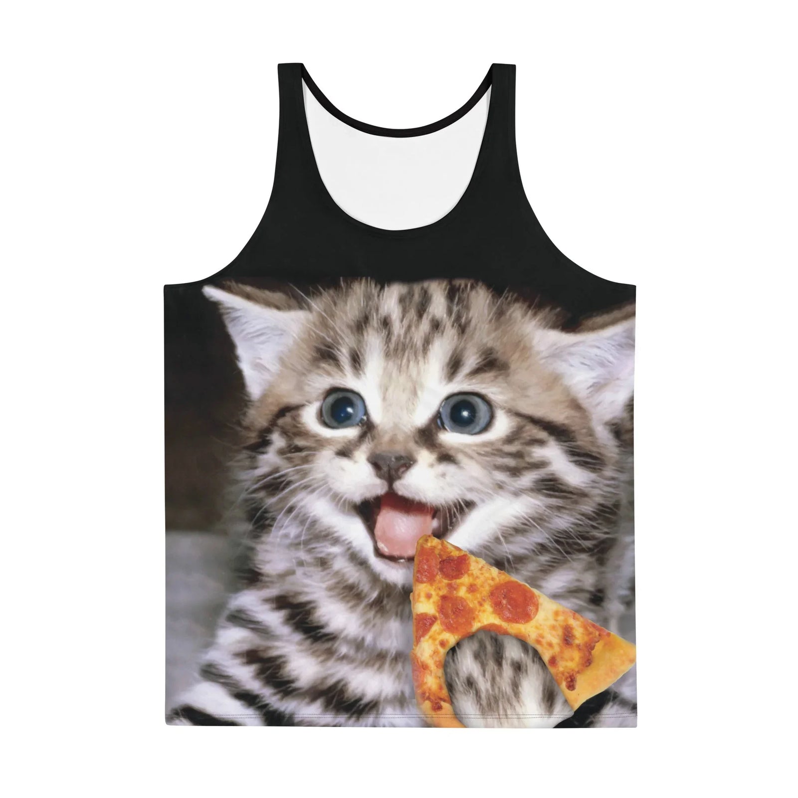 Set against a dramatic void-like jet black, this bold photorealistic graphic features an ecstatic tabby kitten in ash gray and warm taupe. Contact us with accessibility feedback, we'd love to help!