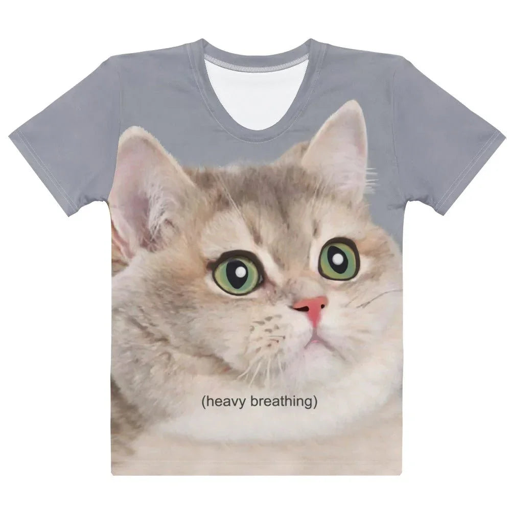 Heavy Breathing Cat Women's Tee in Anxious Feline Slate. OEKO-TEX® 100, REACH Compliant, Zero-Wastewater Printing.