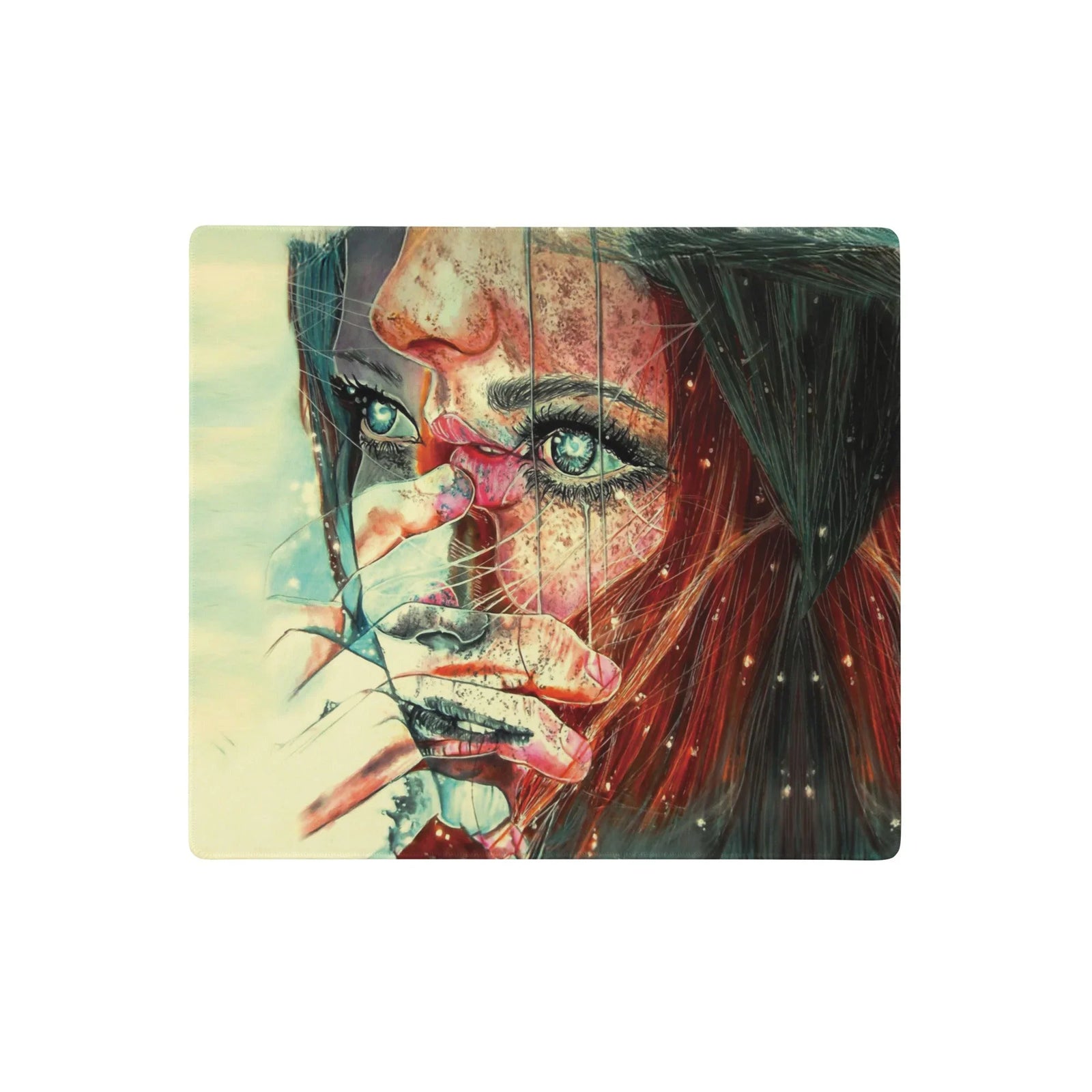 Heavymind Desk Mats - The piercing, crystalline teal eye (#2F7889) emerging from the shattered, rust-red (#8A3324) facial planes, acting as the singular focal point of clarity within the chaotic abstraction