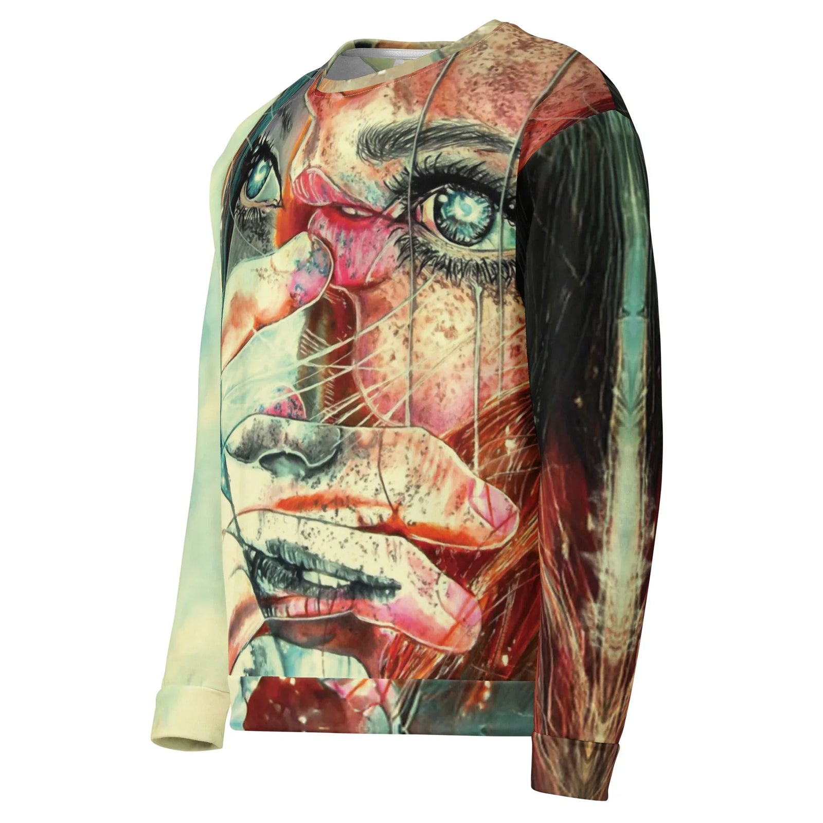 Heavymind Sweatshirt - The high-contrast split between the rusty terra-cotta (#964B44) skin textures and the dissolving muted seafoam (#C8D6D1) void, bound together by the distinct white geometric fracture lines over the face, with piercing glacial teal (#487880) eyes anchoring the chaos.