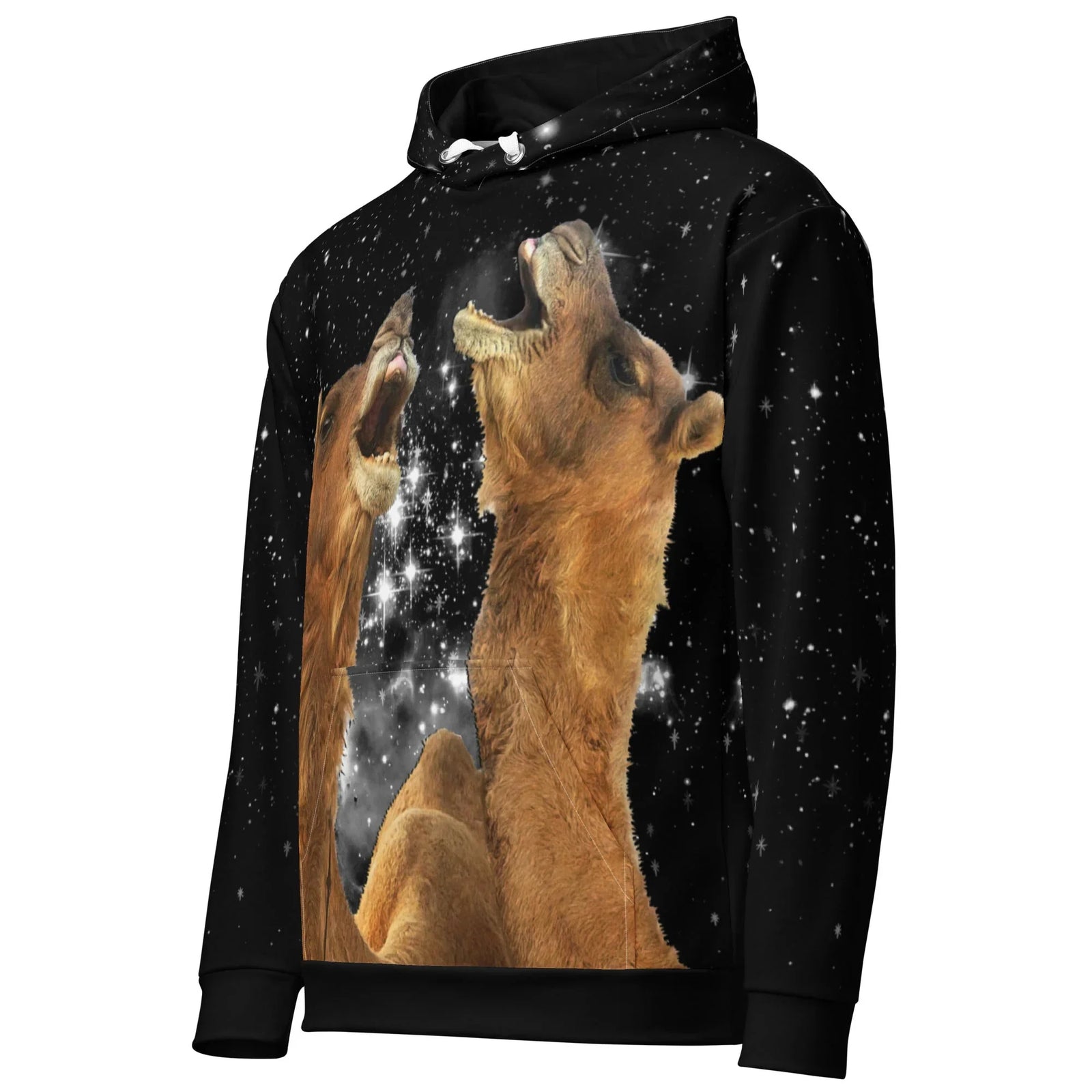 Howling Camels Hoodie - The satirical substitution of majestic wolves with awkward, tawny brown (#C19A6B) and beige camels screaming toward a deep obsidian void (#000000) cosmic backdrop dotted with luminous white (#FFFFFF) starlight, mimicking the upward-facing composition of early 2010s ironic "howling moon" viral apparel while transforming a simple yawn into a joyful, galactic opera serenade.