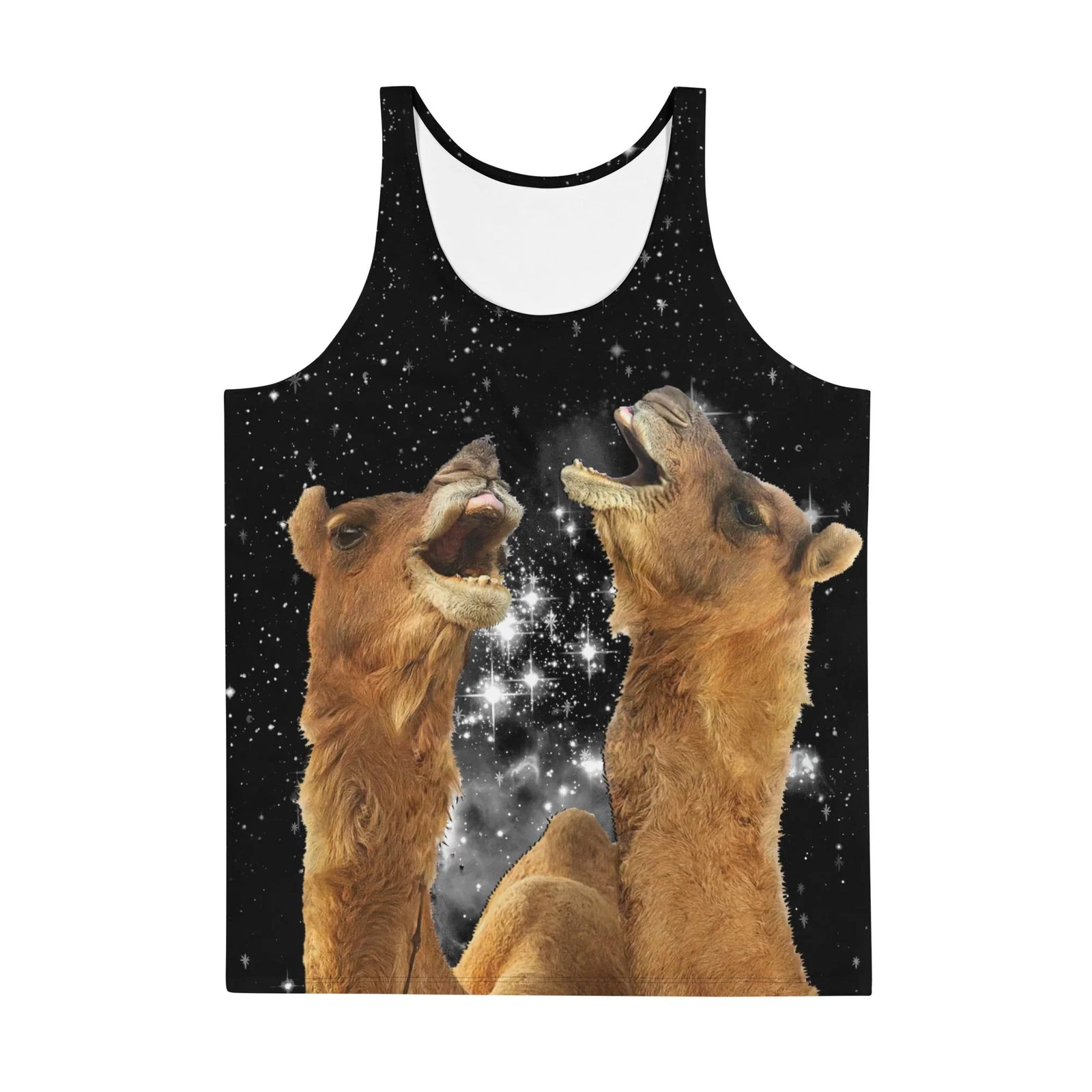 Two photorealistic dromedary camels in rich desert tawny and toasted almond brown dominate this surreal composition, rising side-by-side in a dramatic, parody-style howling pose (mouths wide open to reveal dusty rose tongues). Contact us with accessibility feedback, we'd love to help!