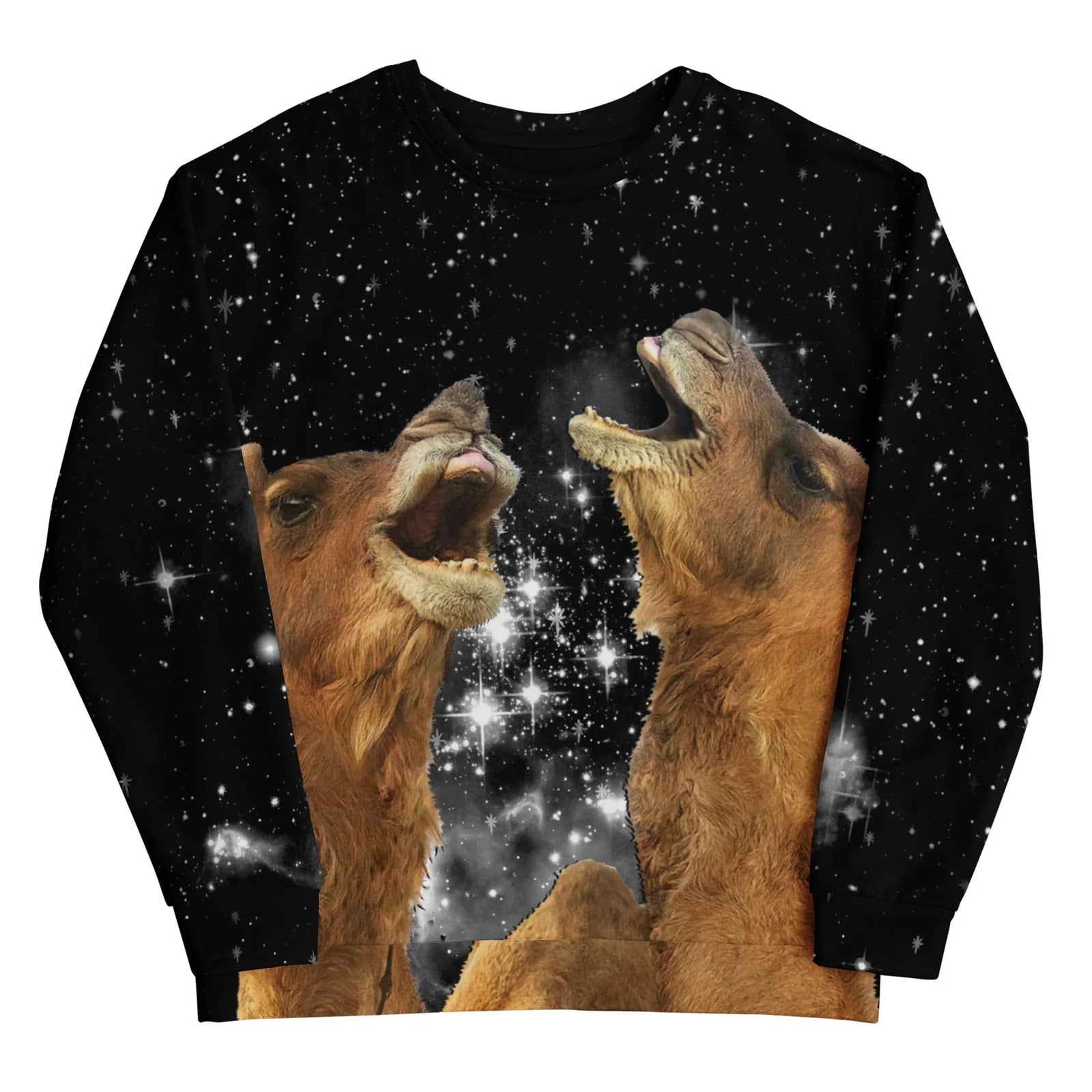 Two photorealistic dromedary camels dominate this humorous, surrealist scene, their heads thrown back in a dramatic howling posture (typically reserved for wolves). Contact us with accessibility feedback, we'd love to help!