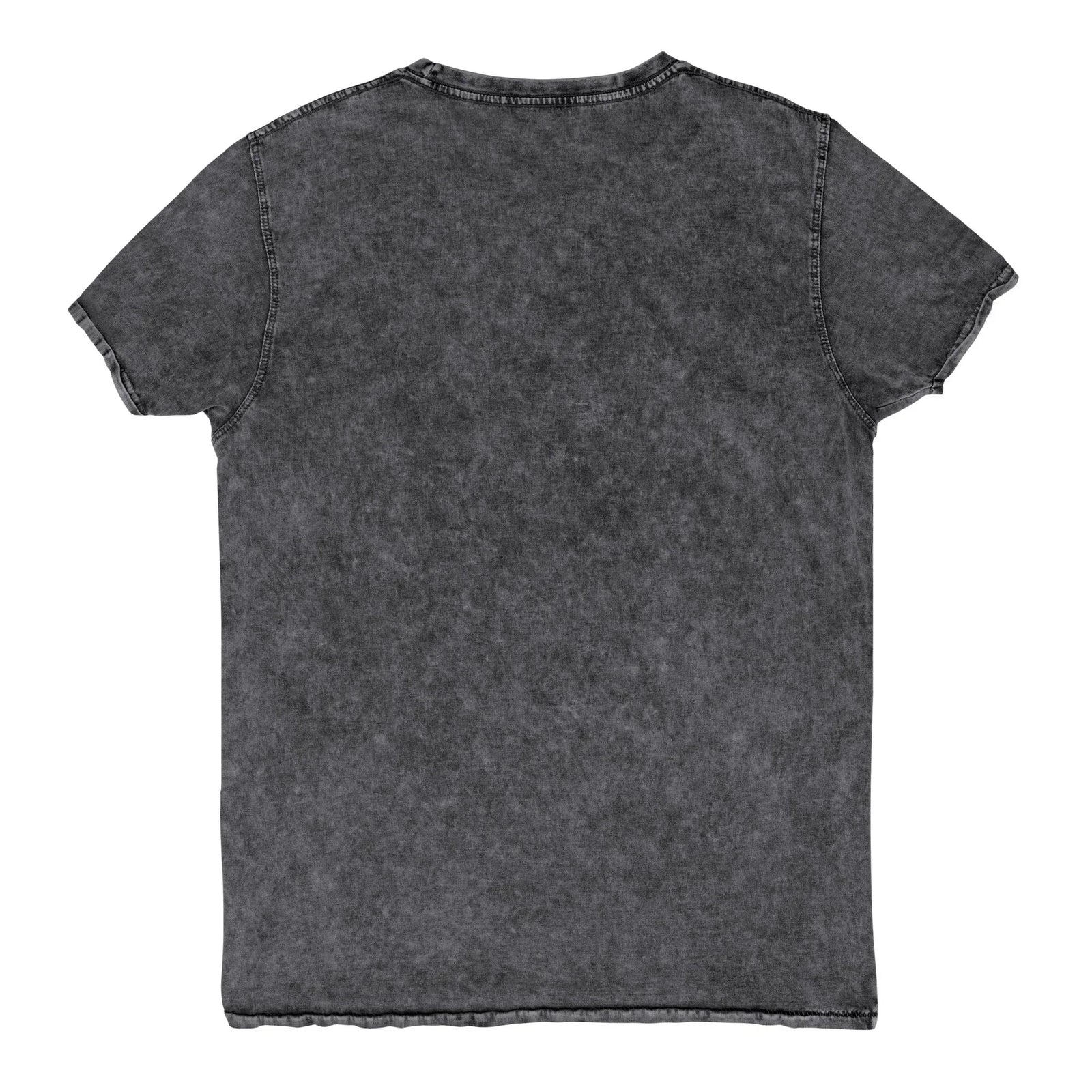Indie Spacecat Denim T-Shirt - The surreal substitution of a greasy pepperoni pizza (#BE0032 pepperoni spice, #FFC30B golden mozzarella) for a vinyl record being scratched by a serious-faced tabby cat.