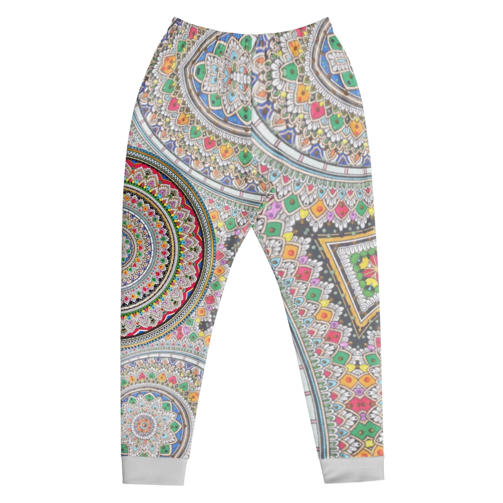 Infinite Mandala Joggers - The "hyper-real" simulation of plush velour texture printed on performance fabric, specifically where the antique gold (#DAA520) filigree intersects with the deep cobalt (#0047AB) voids to create a 3D optical illusion