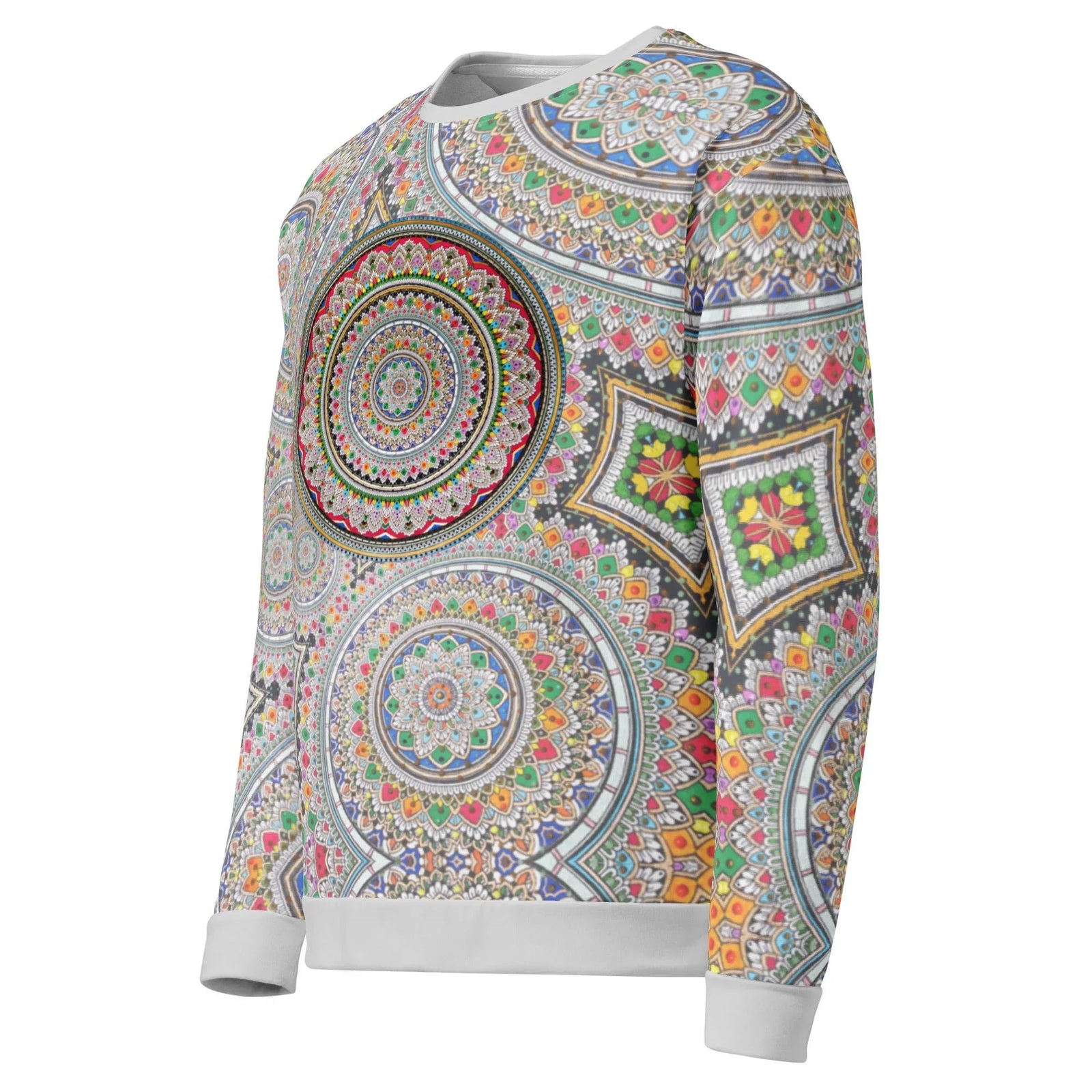 Infinite Mandala Sweatshirt - The hypnotic, infinite regress of the central medallion rendered in vivid crimson ruby (#D13030) and deep cerulean (#2B5CA6), mimicking the closed-eye visuals of a transcendent experience.