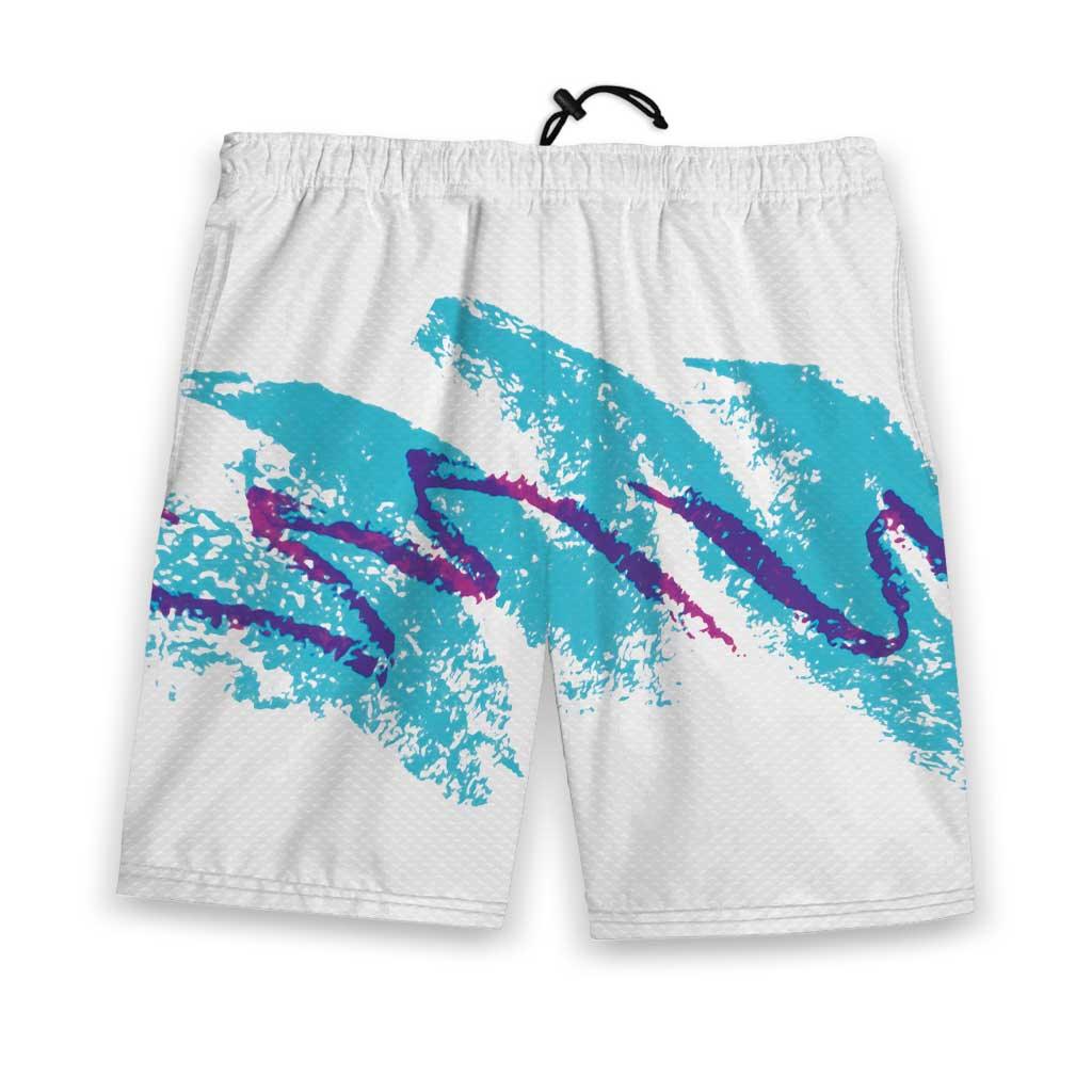 Jazzy 90s Men's Gym Shorts - The distinctive electric turquoise (#00A5B5) dry-brush swoosh intersected by the chaotic crayon violet (#582C83) scribble, known historically as the "Jazz" design.