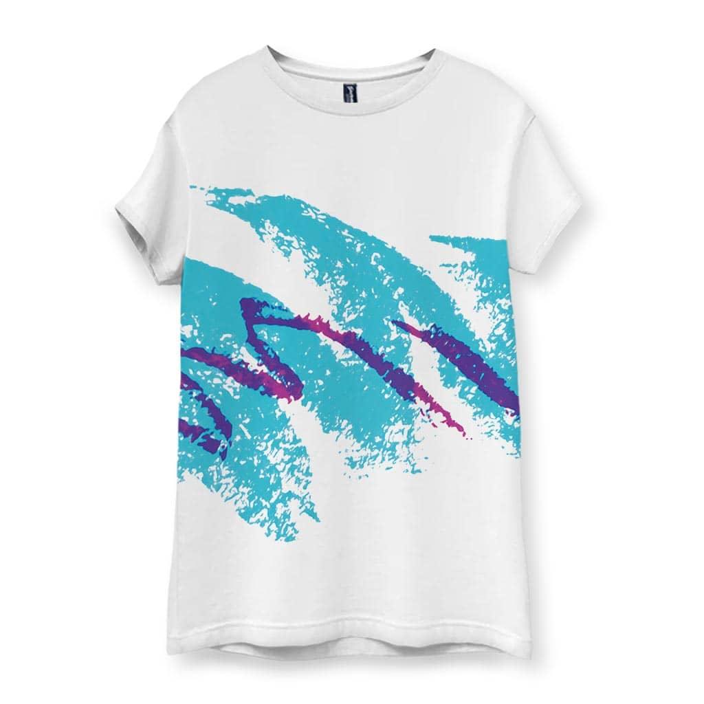 A stark white tee explodes with a massive 90s-style abstract swish across the chest—vibrant turquoise sweeping diagonally like a dry-brush wave. Contact us with accessibility feedback, we'd love to help!