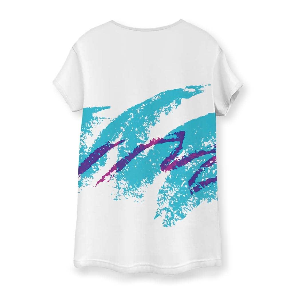 Jazzy 90s Women's Tee - The "dynamic ribbon" composition featuring a broad turquoise (#00A8B0) swish bisected by a sharp, jagged electric violet (#7A2F8F) doodle.