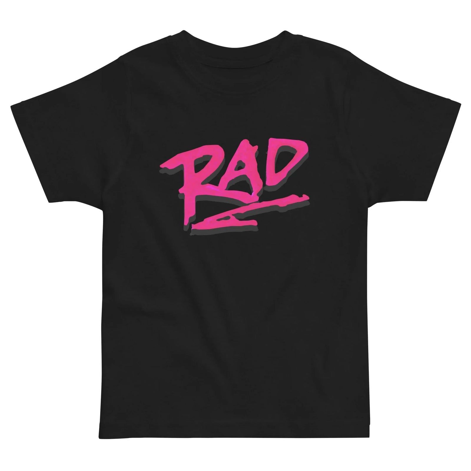 A bold "RAD" graphic dominates this black kids' tee in electric magenta lettering that mimics wet marker strokes or '80s graffiti tags. Contact us with accessibility feedback, we'd love to help!
