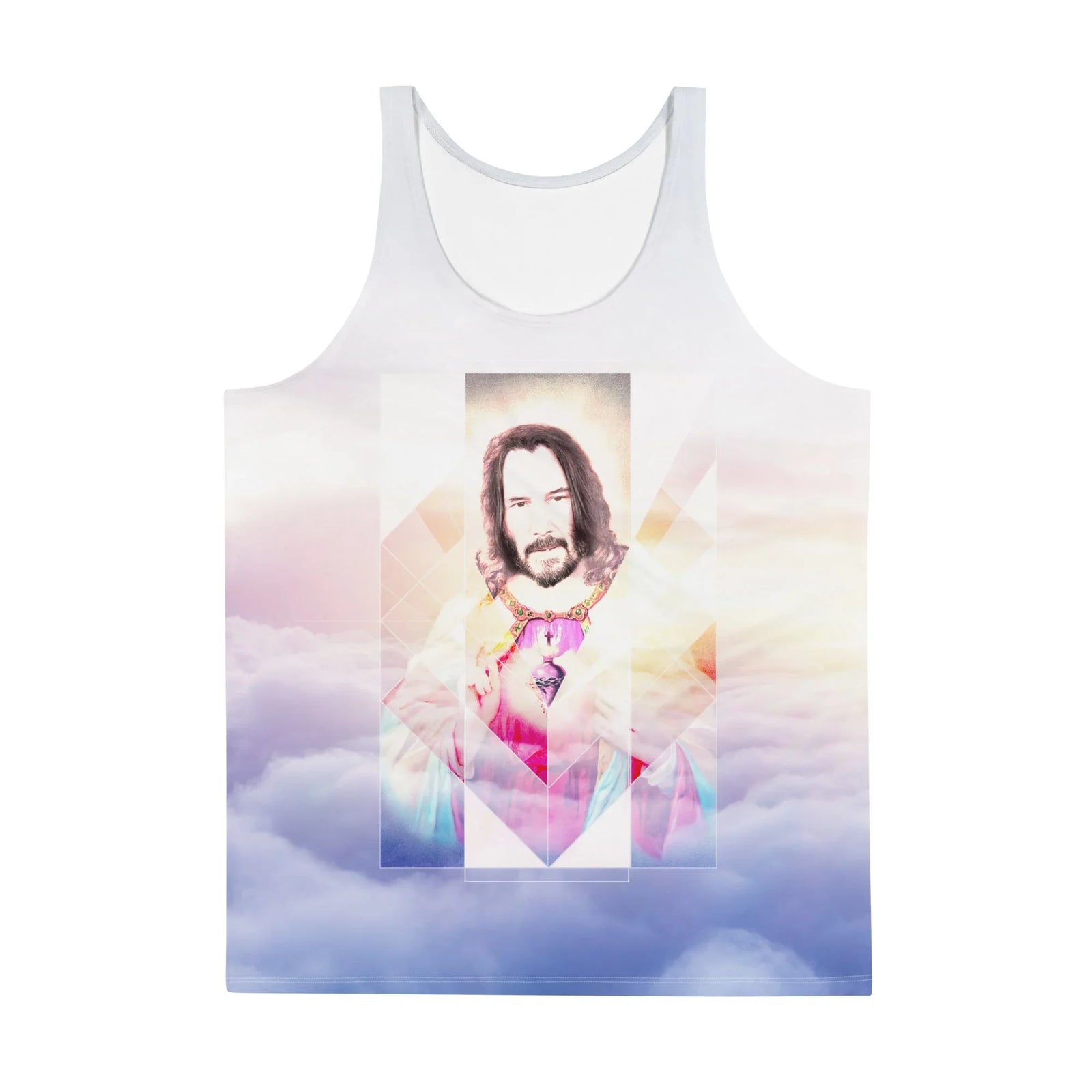 A realistic portrait of a recognizable bearded actor strikes a saint-like pose (hand raised in benediction), draped in ceremonial robes of magenta rose and soft teal. Contact us with accessibility feedback, we'd love to help!