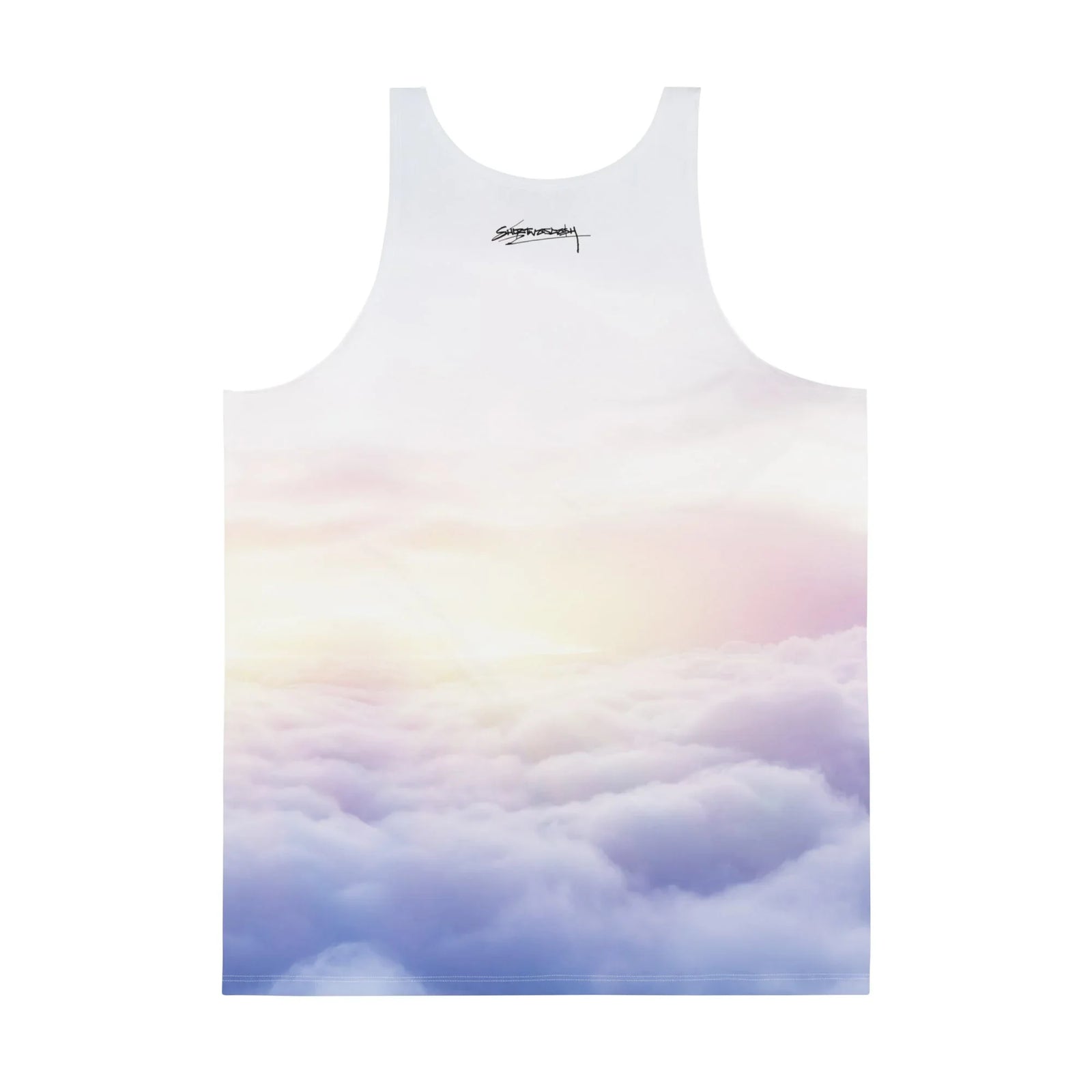 Keanu Revives Men's Tank - The blasphemous yet affectionate substitution of a religious figure with the actor's visage, specifically the raised benediction hand gesture draped in magenta rose (#C7457A) robes against a misty lavender (#8A8FB5) cloudscape
