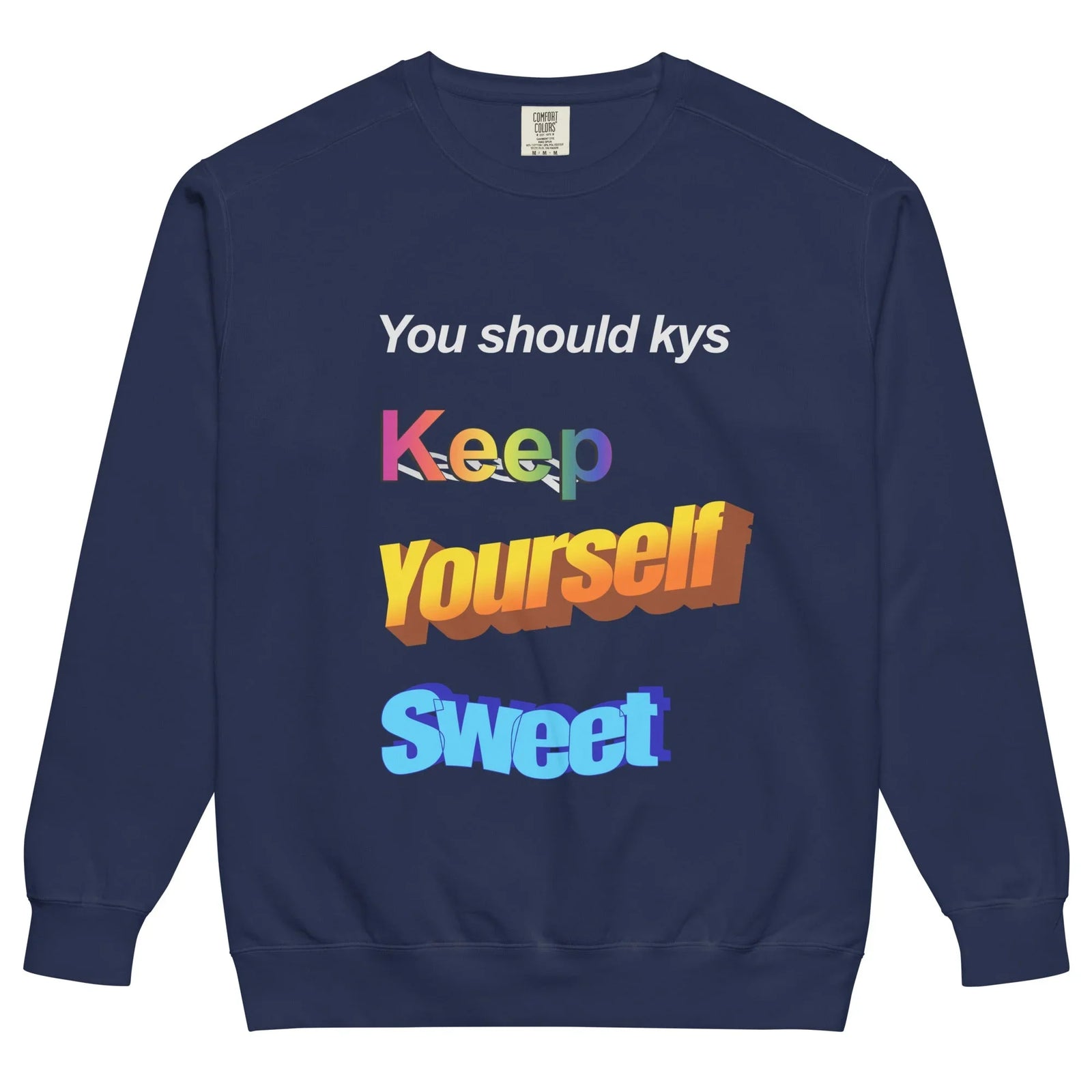 Centered on a deep midnight obsidian base, this typographic design subverts internet slang with the ironic expansion "Keep Yourself Sweet." The stark alabaster white header "You should kys" leads into a chaotic mix of retro fonts, including "Keep" in a glitched chromatic spectrum gradient (magenta to neon green). Contact us with accessibility feedback, we'd love to help!