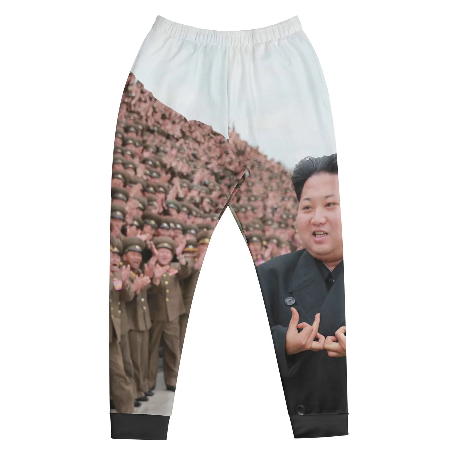 These men's joggers showcase a photorealistic political satire featuring a massive assembly of olive-clad military personnel in peaked caps filling the background. Contact us with accessibility feedback, we'd love to help!