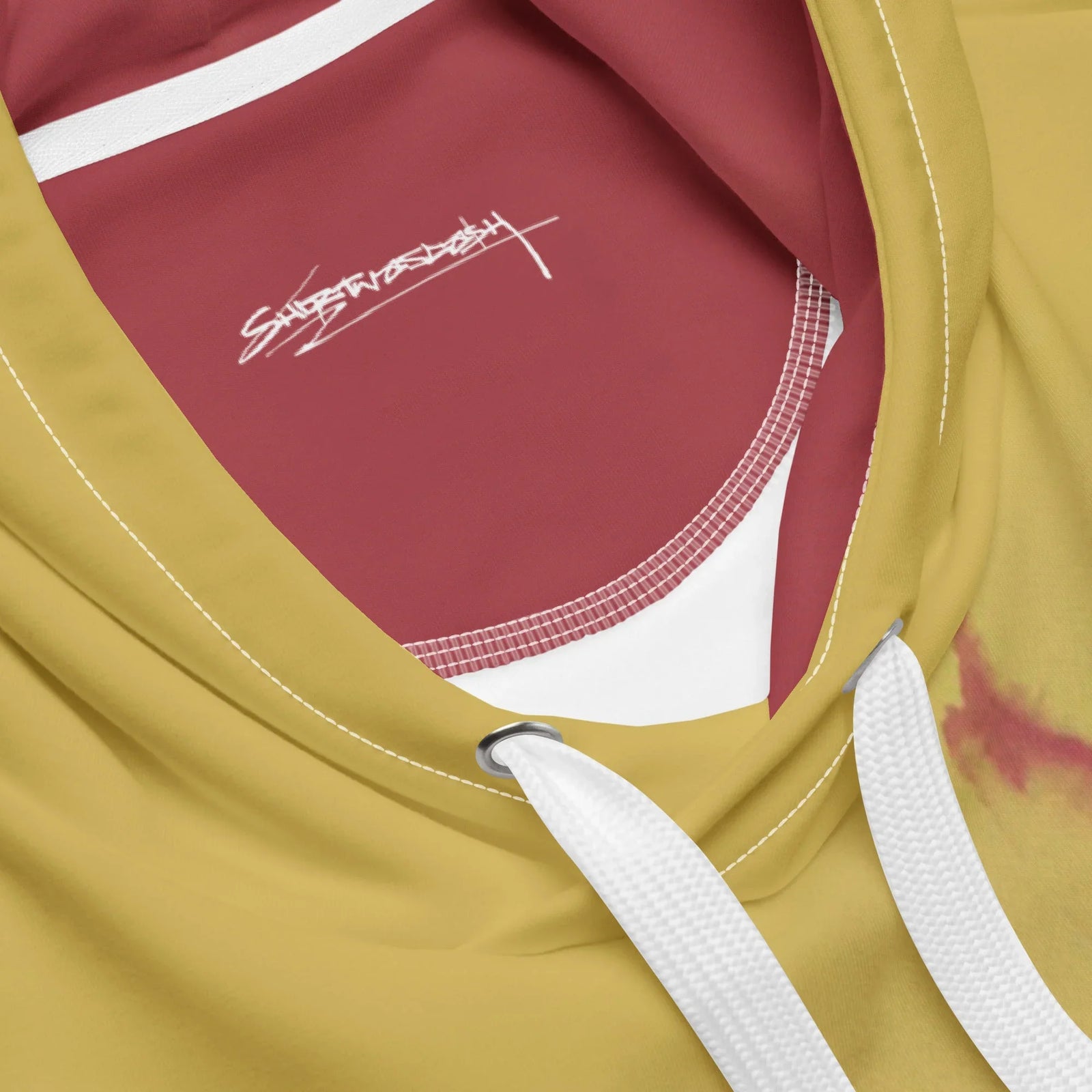 Kim Jong Trill Hoodie in Satirical Mustard and Crimson. OEKO-TEX® 100, REACH Compliant, GRS Certified.