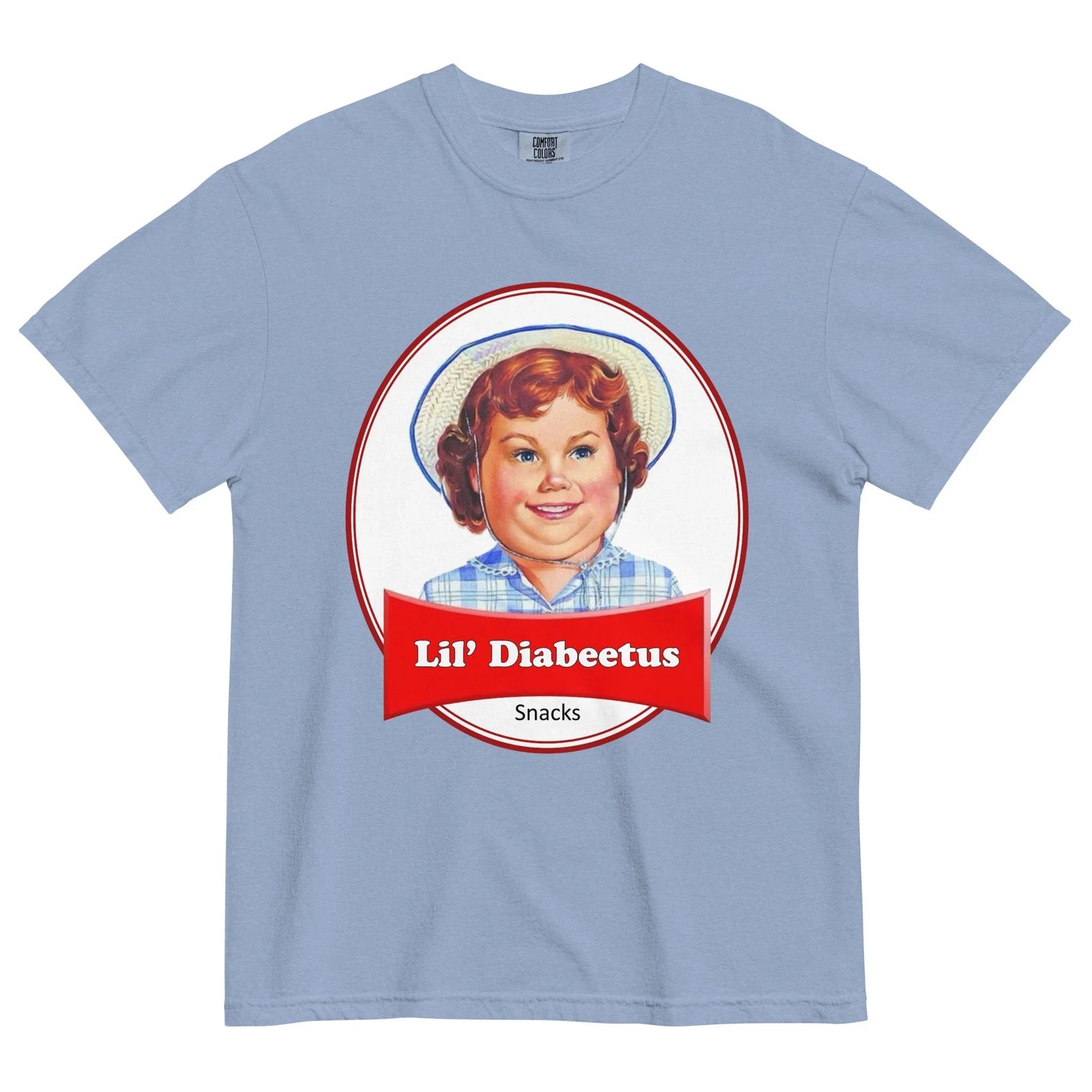 A dusty periwinkle blue backdrop hosts a satirical graphic parodying a nostalgic snack cake logo. Contact us with accessibility feedback, we'd love to help!