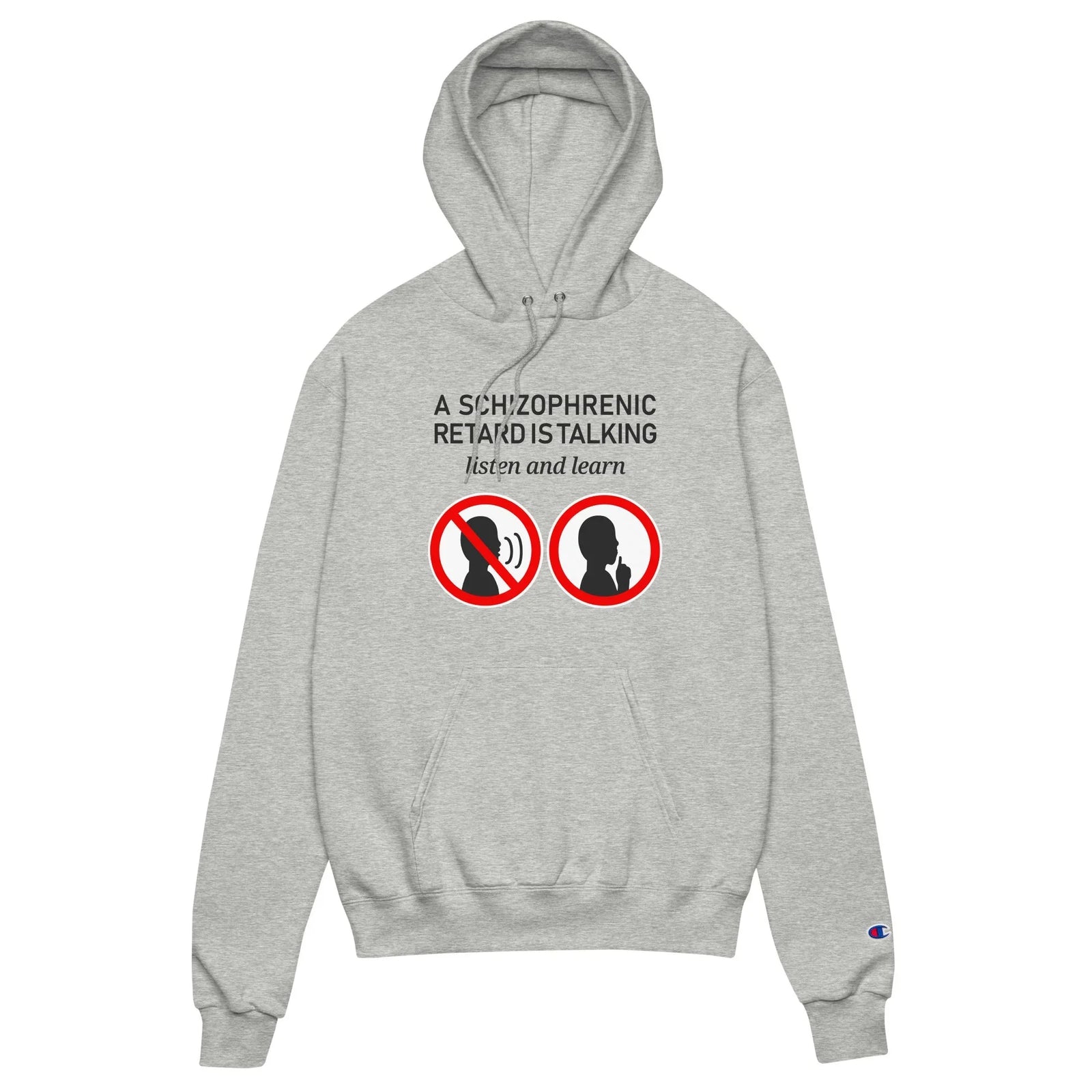 On a misty heather grey base, bold deep obsidian text declares "A SCHIZOPHRENIC RETARD IS TALKING" above the sarcastic instruction "listen and learn" (in smaller, italicized serif). Contact us with accessibility feedback, we'd love to help!