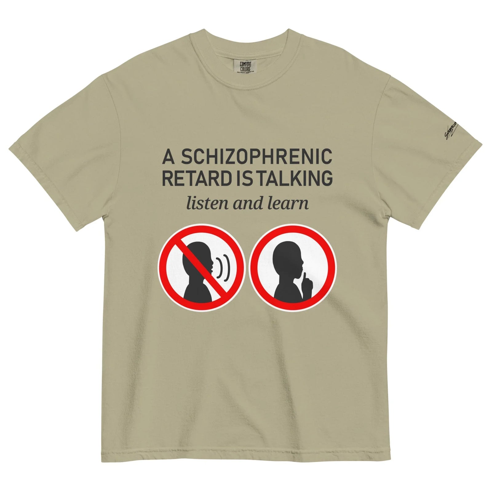 Listen and Learn T-Shirt - The juxtaposition of the industrial red prohibition circle (#D41A1A) against the black silhouette (#000000) "shushing" gesture, mimicking authoritative compliance signage.