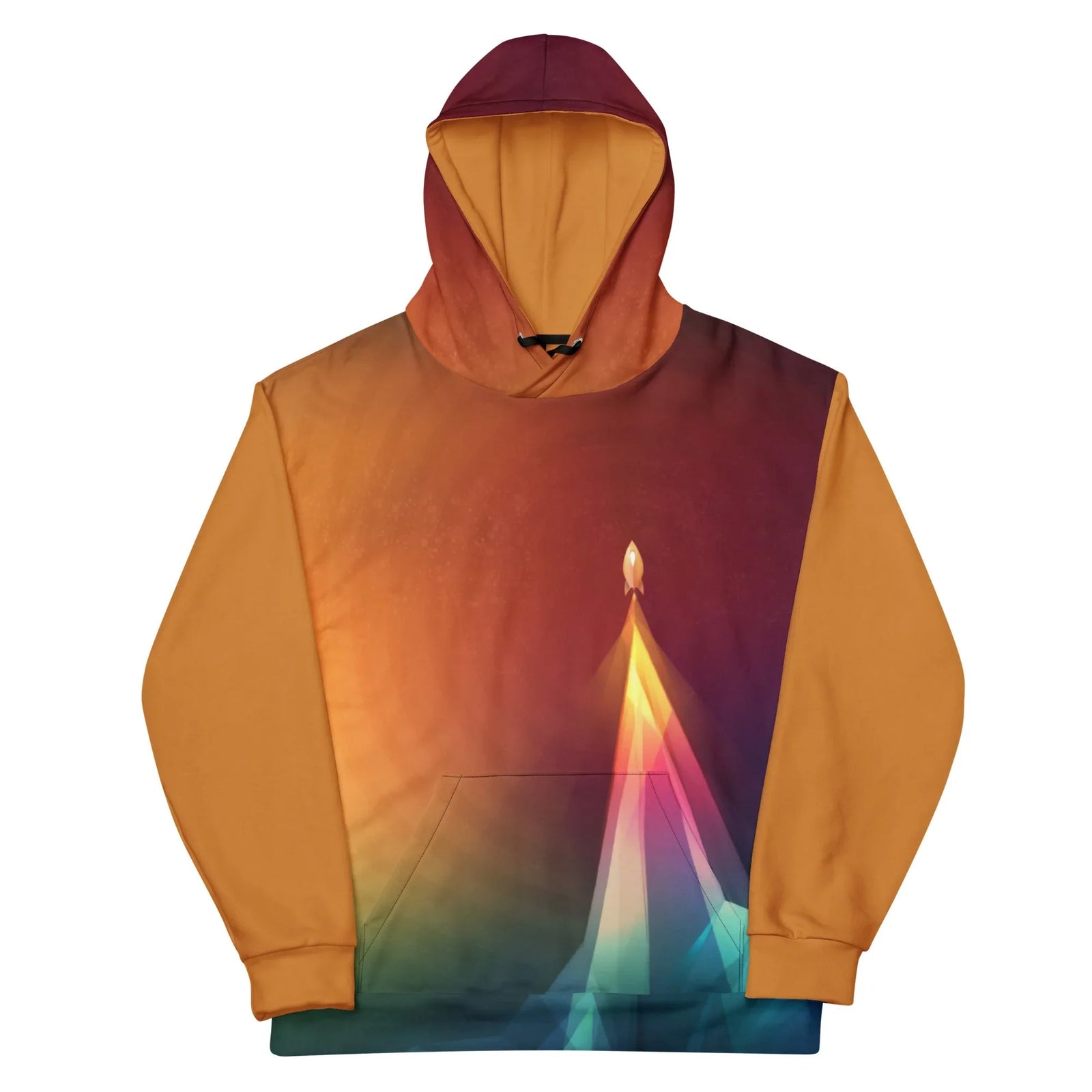 A minimalist white spacecraft ascends through a dramatic atmospheric gradient, shifting from deep mulberry wine and hazy sunset orange to shadowy abyssal teal. Contact us with accessibility feedback, we'd love to help!