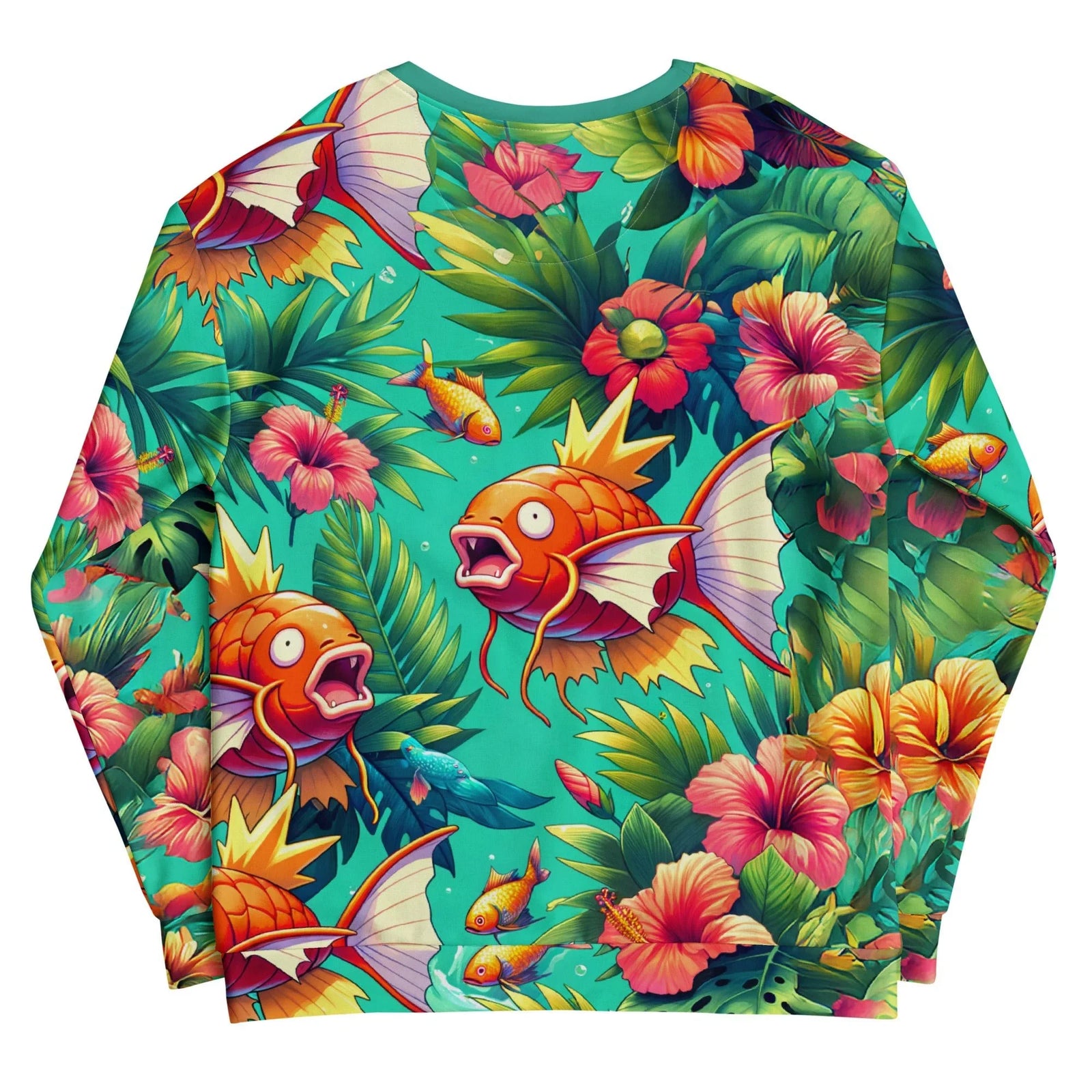 Magical Karp Sweatshirt - The vacant, wide-set eyes and gaping mouth of the `blazing tangerine (#FF5F1F)` koi, specifically the serrated `goldenrod (#DAA520)` crown-fin that marks it as the "splashing" pre-evolutionary form of a sea dragon.
