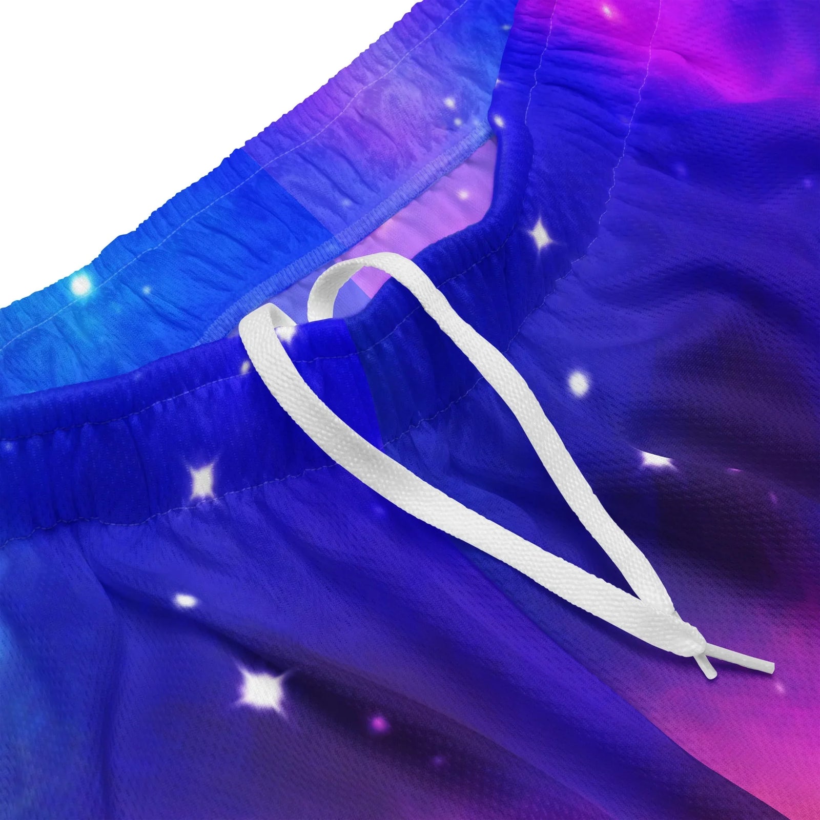 Master of the Galaxy Men's Gym Shorts - The specific ecstatic, head-thrown-back pose of the blonde protagonist against a blinding #FF1493 deep pink and rainbow backdrop, accented by deep nebula blues (#191970) and neon lime greens (#32CD32).