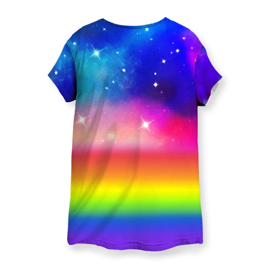 Master of the Galaxy Women's Tee in Cosmic Rainbow Euphoria. OEKO-TEX® 100, REACH Compliant, Zero-Wastewater Printing.