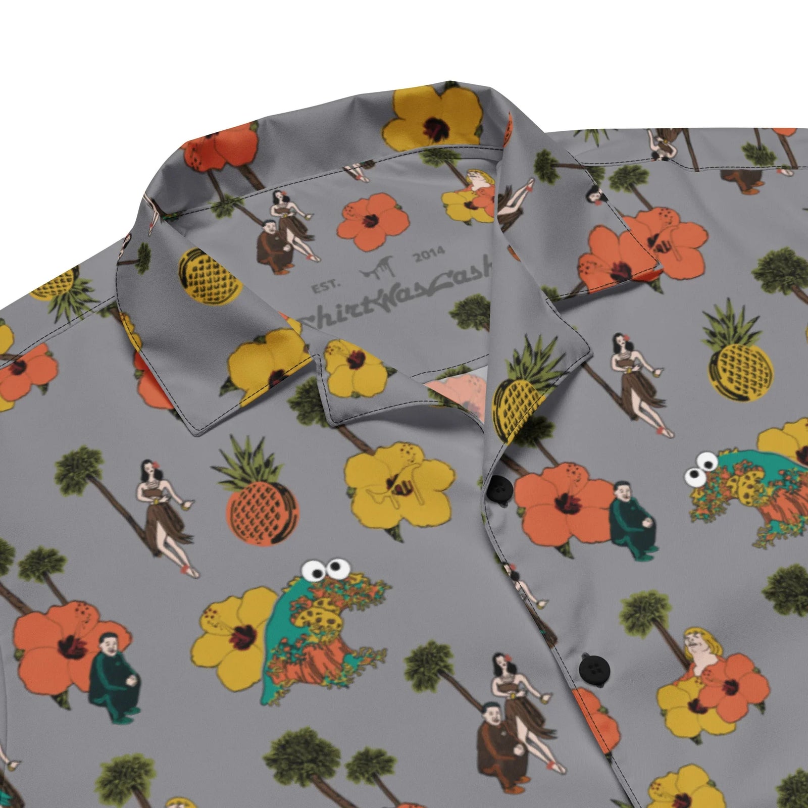 Maui Kim Hawaiian Shirt in Slate Tropical Satire. OEKO-TEX® 100, REACH Compliant, Zero-Wastewater Printing.