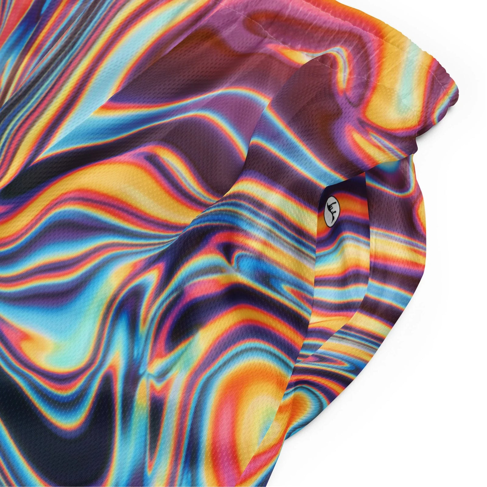 Metallic Flow Men's Gym Shorts in Iridescent Liquid Chrome. OEKO-TEX® 100, REACH Compliant, Zero-Wastewater Printing.