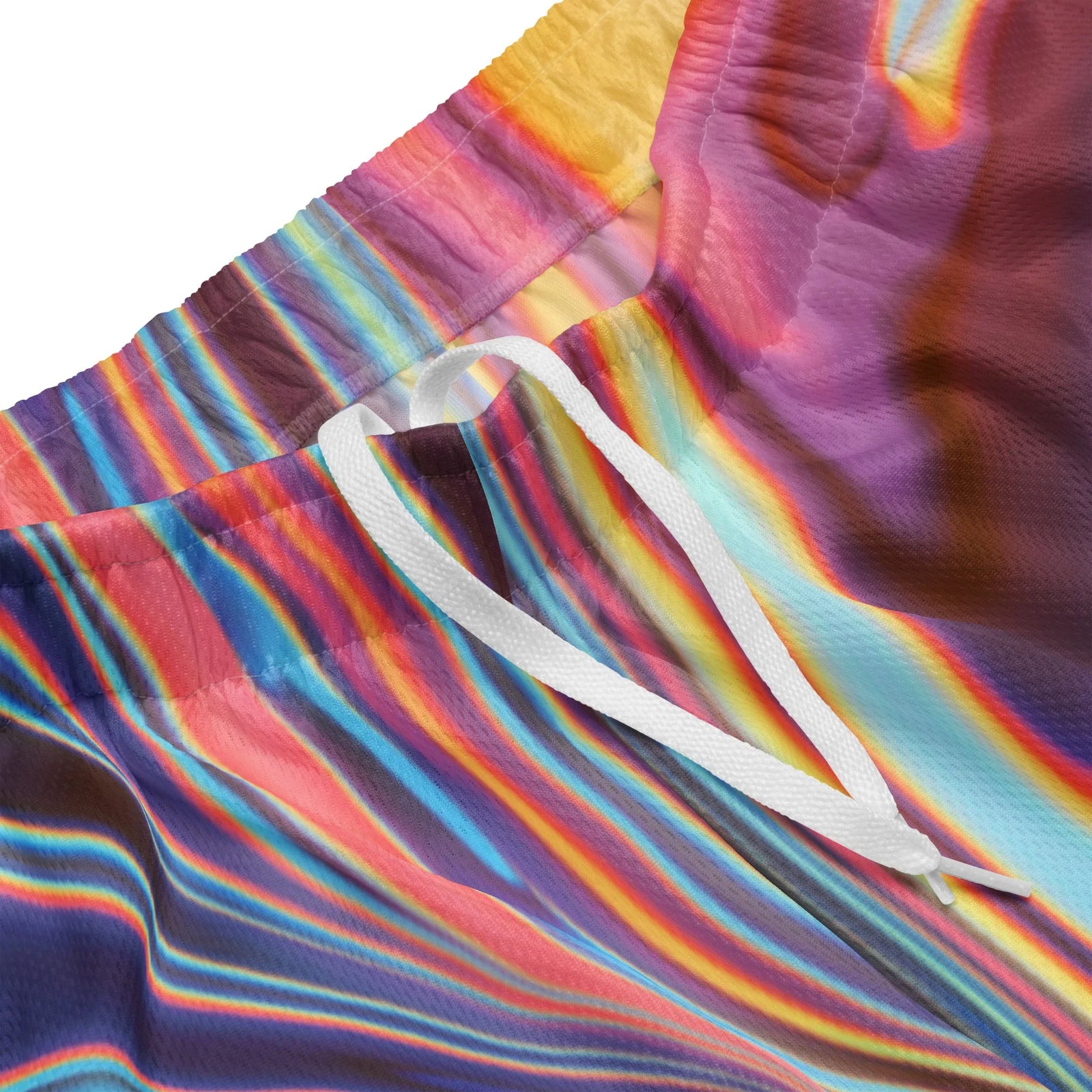 Metallic Flow Men's Gym Shorts - The trompe-l'œil effect of high-gloss viscosity created by the electric cyan (#00FFFF) currents cutting through the deep violet base (#2E0854).