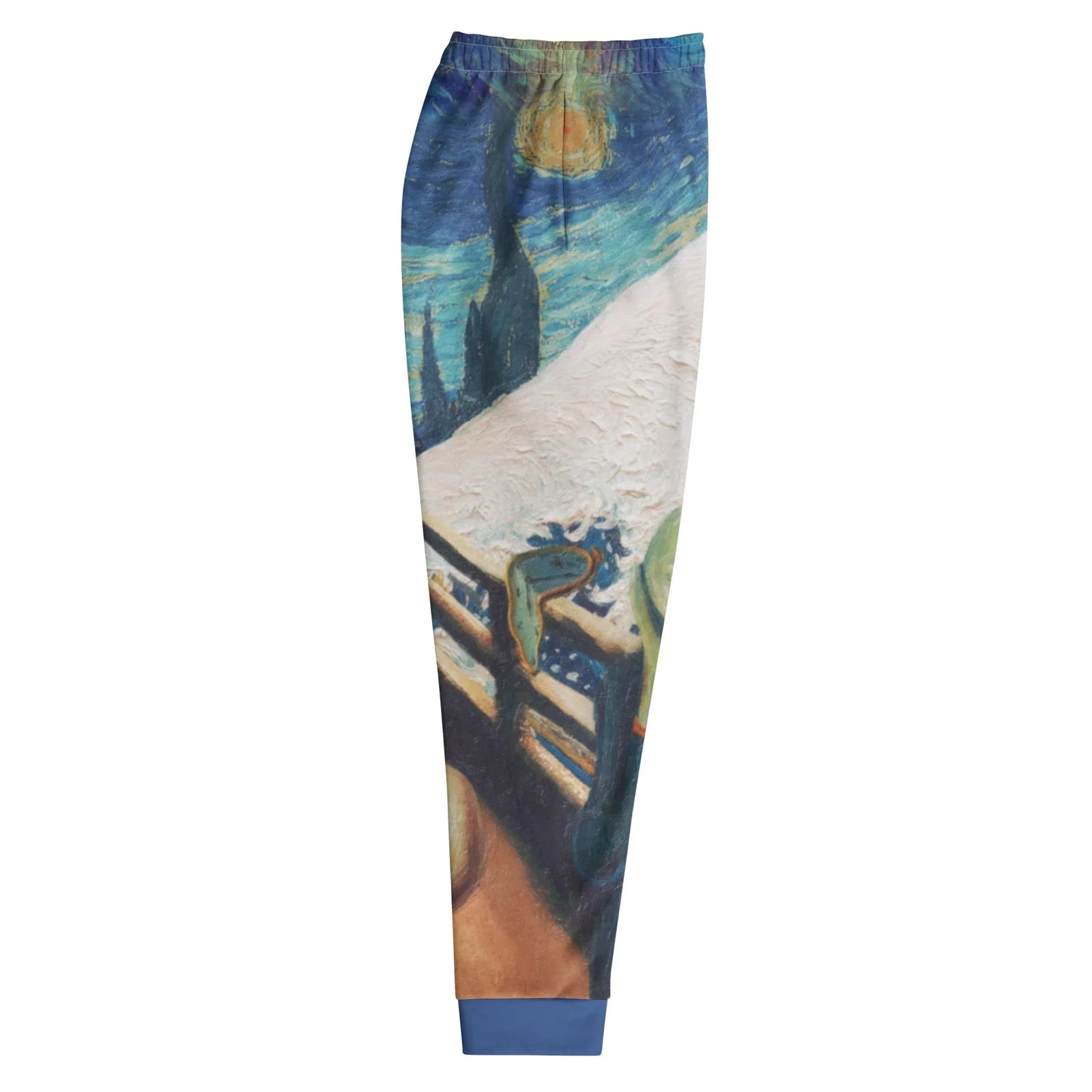 My Favorite Paintings Joggers - The jarring integration of the pale, expressionist screamer (#C5D6B6) standing directly amidst the woodblock-style crest of the Great Wave and the impasto swirls of the Starry Night sky (#283E66 indigo with #D6C368 yellow orbs).