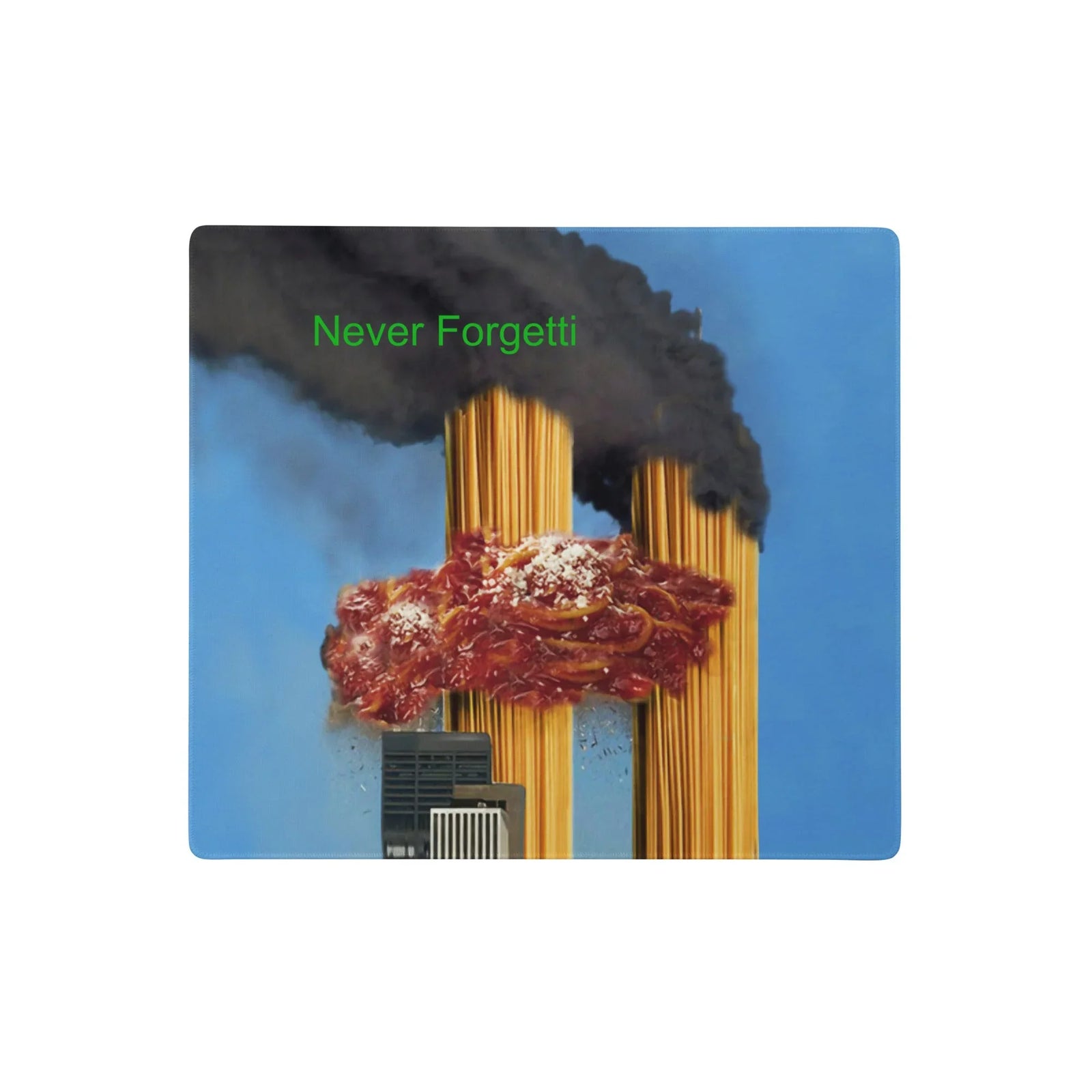 Never Forgetti Desk Mat - The twin vertical structures of dry pasta (#E6BC5C) set against a cerulean sky blue backdrop (#5B9BD5), collapsing under a marinara impact (#800000) with billowing charcoal smoke (#2F2F2F), paired with the lime green text overlay (#32CD32).