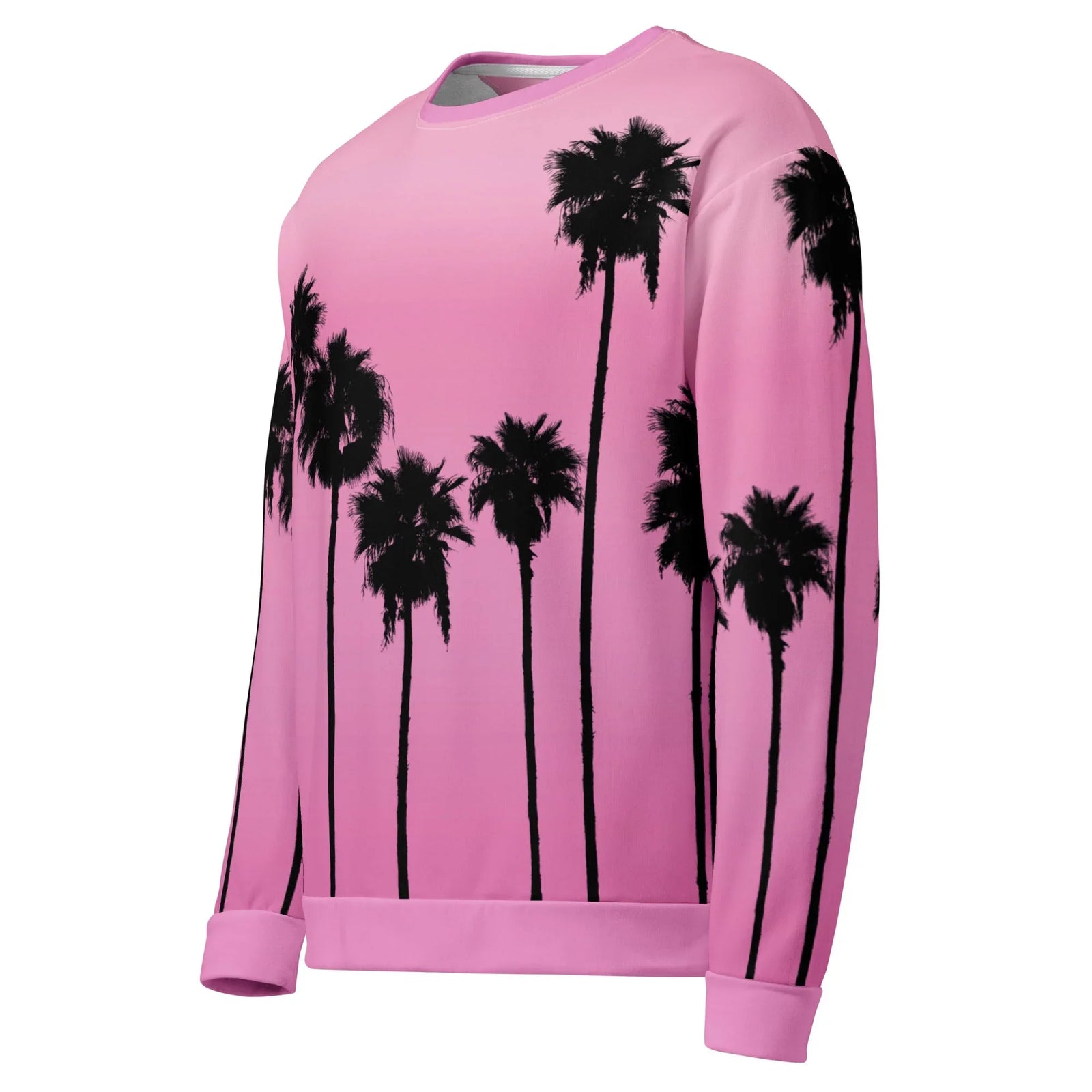 Palm AESTHETIC Sweatshirt - The jarring yet soothing combination of the Bubblegum Rose (#EF96C0) field against the jagged, uncompromising Obsidian (#000000) tree line, mimicking a vectorized sunset.