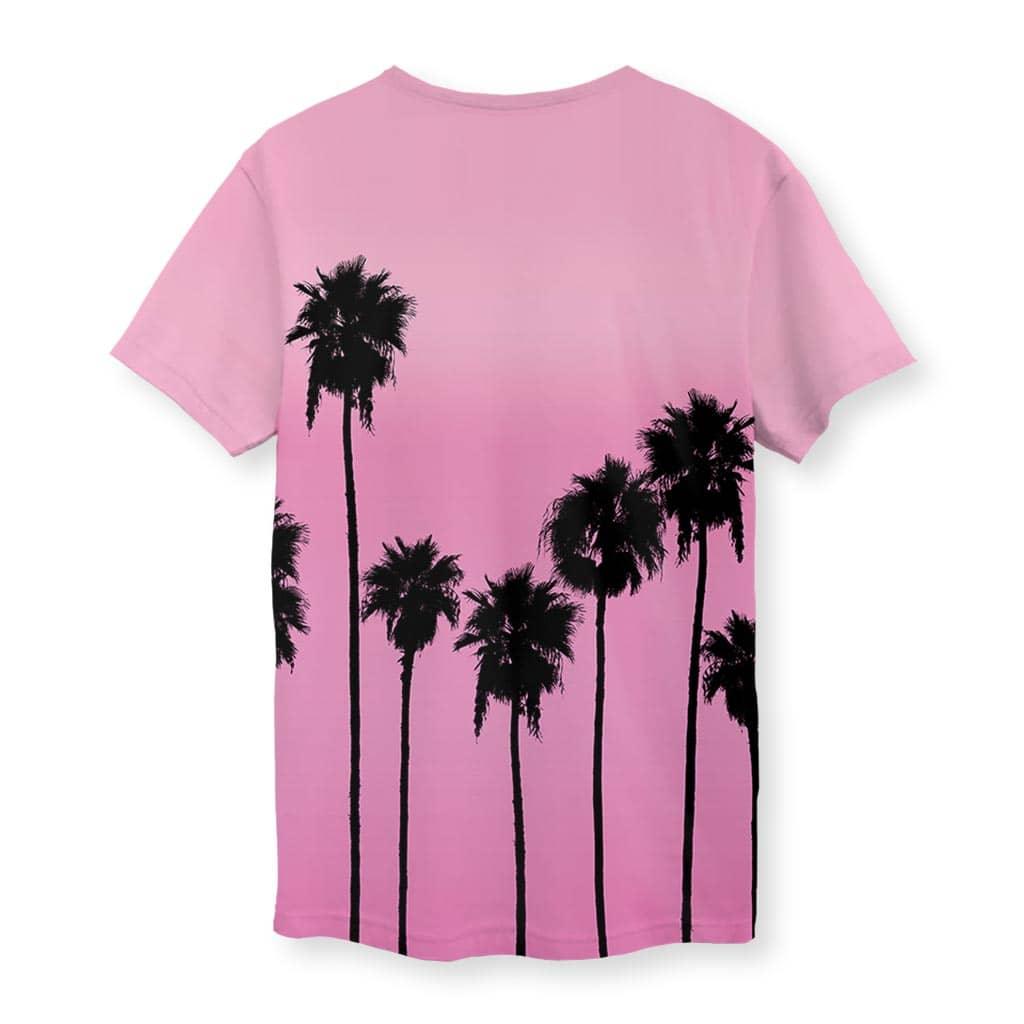 Palm AESTHETIC T-Shirt - The stark visual friction between jagged jet black (#000000) fronds and the smooth, hyper-artificial bubblegum blush (#EE98B2) gradient background fading to pale rose mist (#F5C4D3)