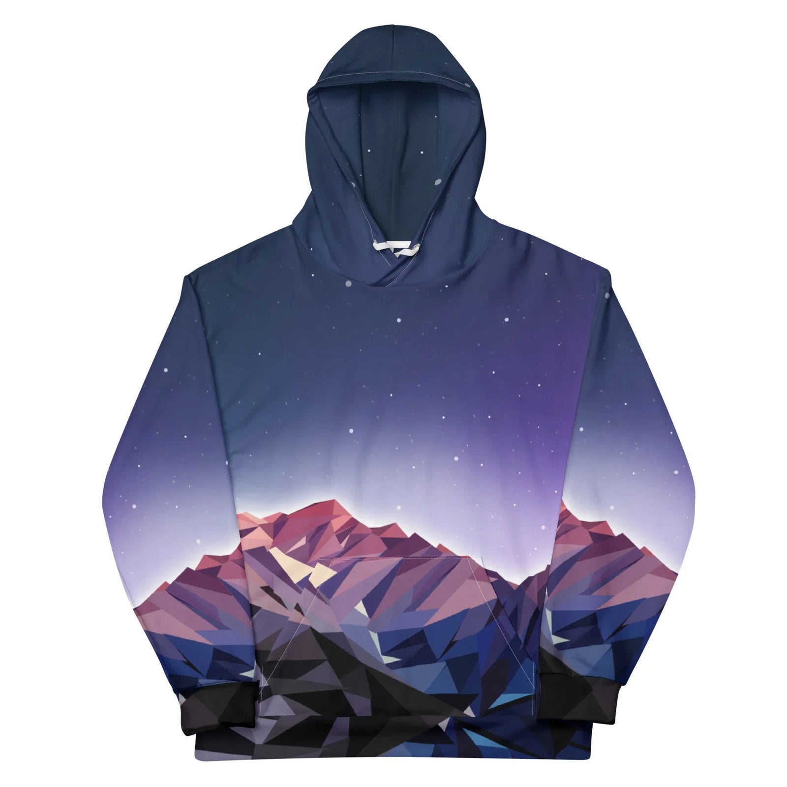 A jagged mountain range anchors the visual, executed in a striking "low-poly" geometric style composed of sharp, tessellated triangular facets. Contact us with accessibility feedback, we'd love to help!