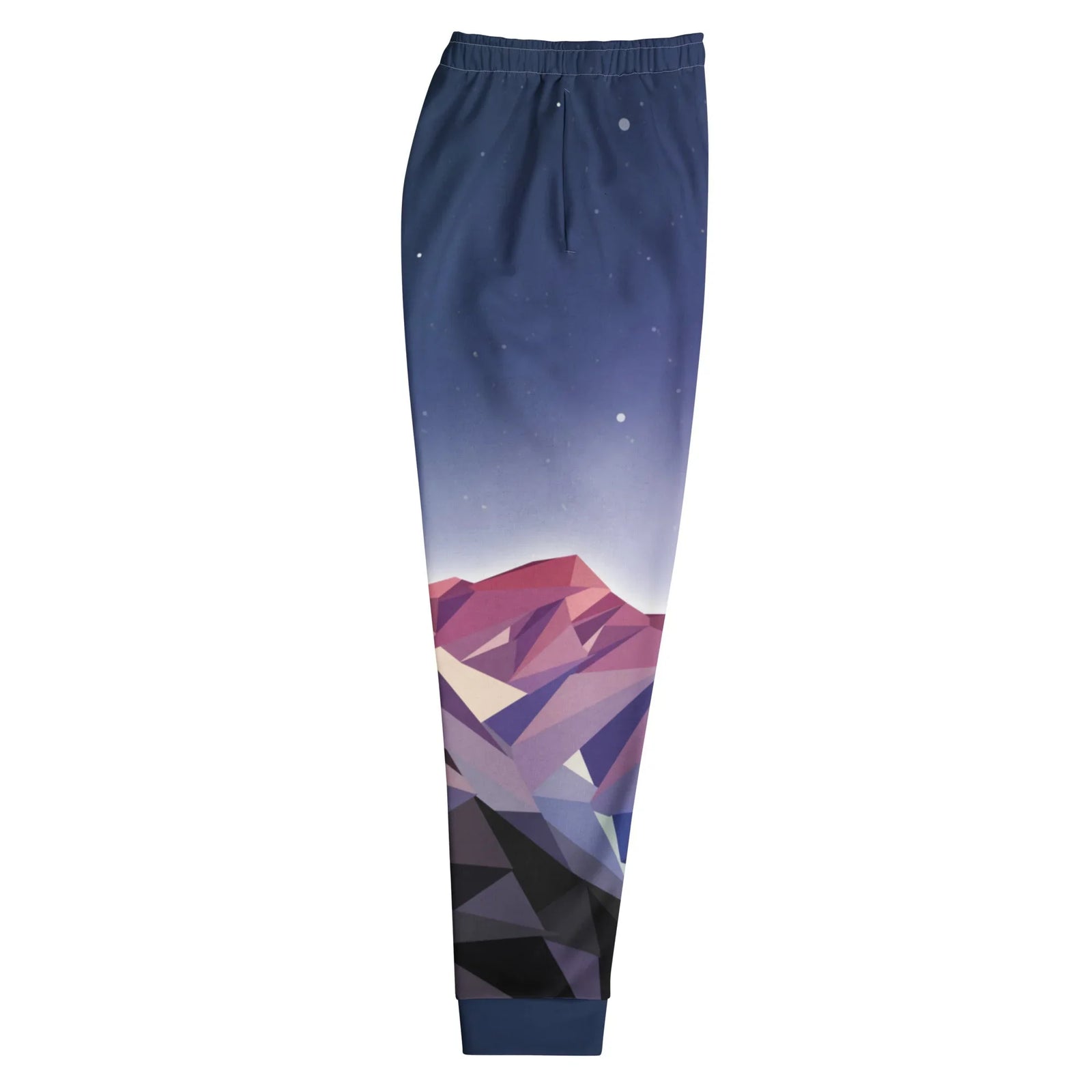 Poly Mountain Joggers - The tessellated coral peaks (#E9967A) composed of sharp triangular facets cutting against the deep obsidian (#1B263B) celestial gradient.