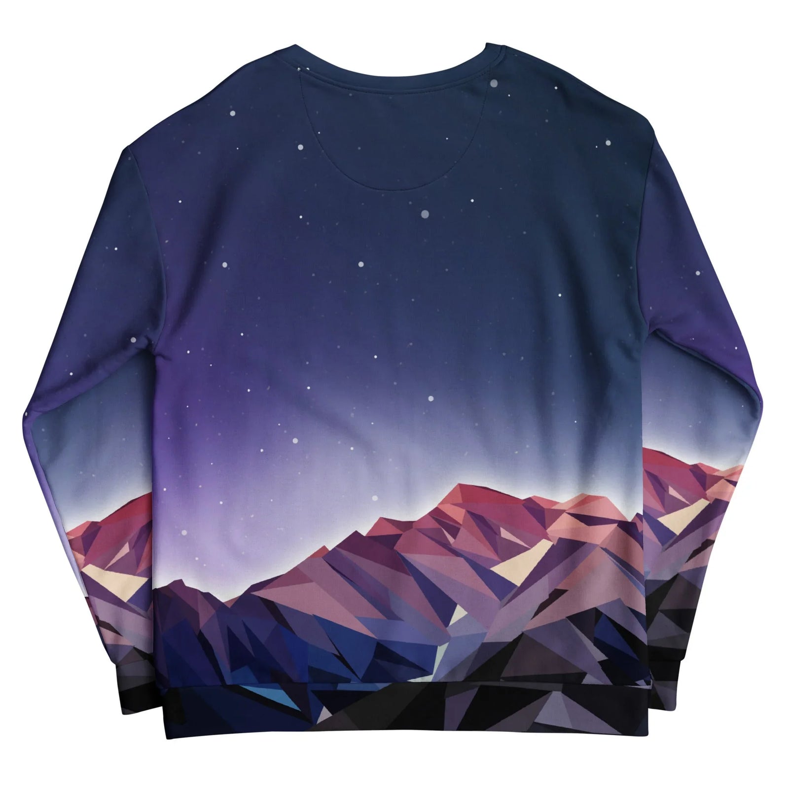 Poly Mountain Sweatshirt - The sharp, tessellated triangular facets of the peaks transitioning into amethyst twilight (#9B59B6) against the seamless ombré navy sky (#1B264F)
