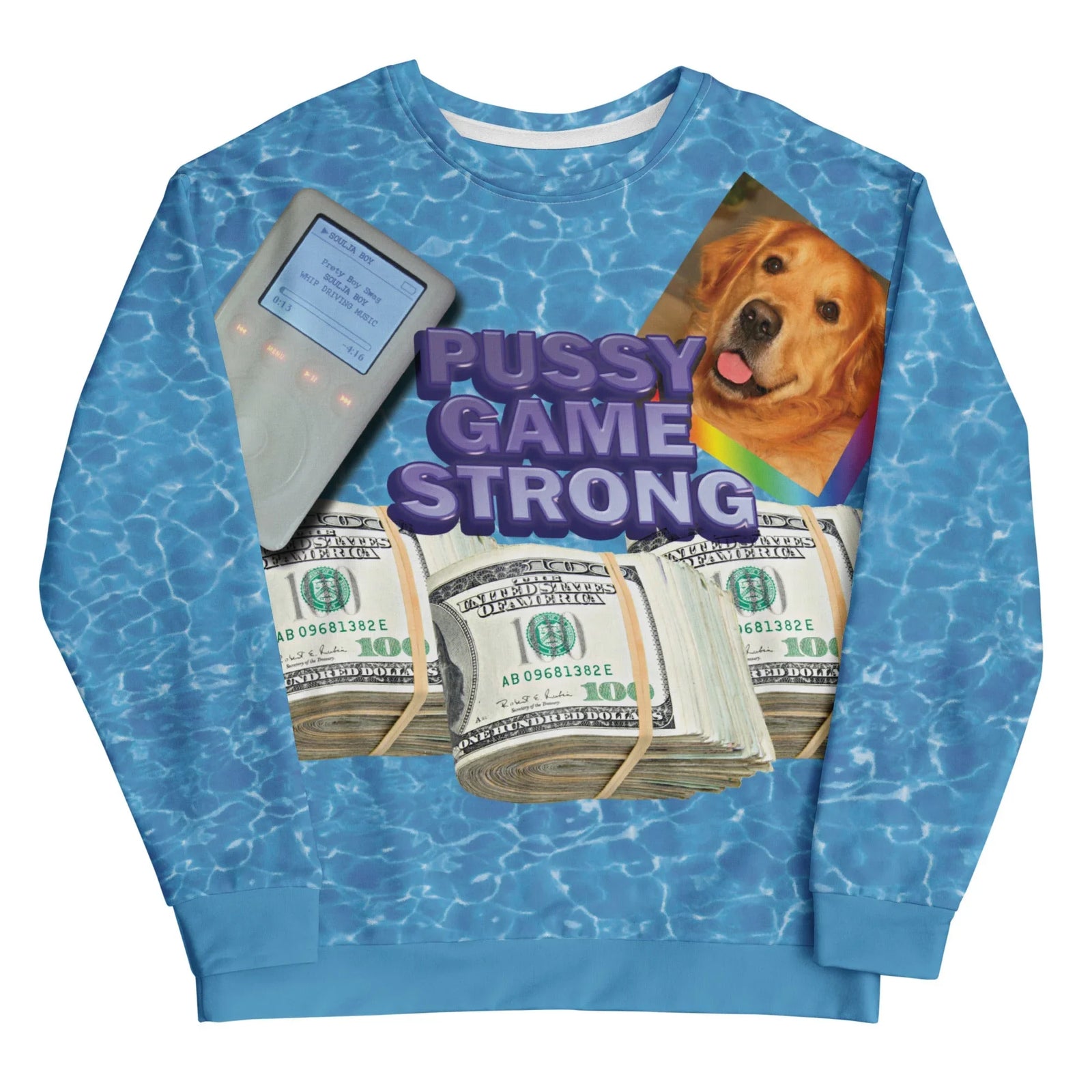 This sweatshirt showcases rippling poolside blue water as the backdrop, with "PUSSY GAME STRONG" blazing across the chest in chunky 3D violet bubble letters. Contact us with accessibility feedback, we'd love to help!