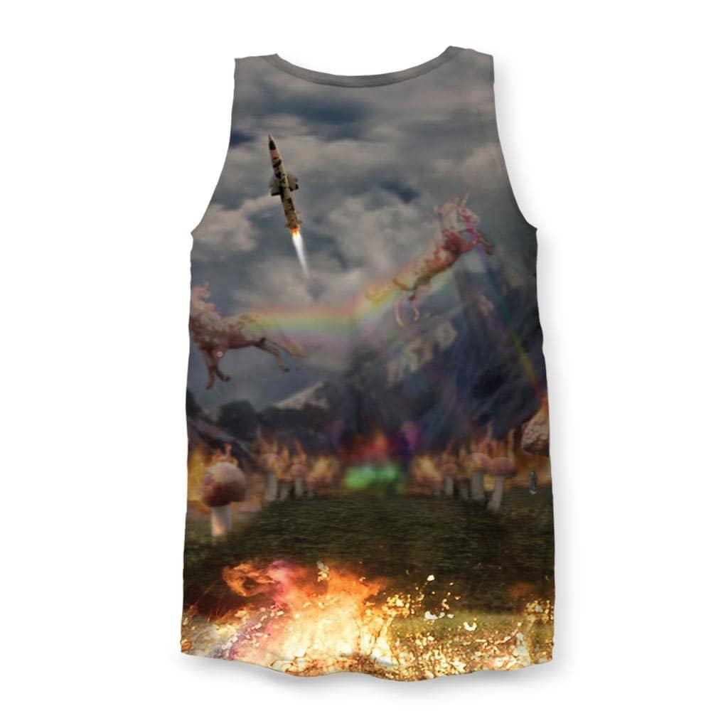 Rainbow Unicorn Kim Jong Un Men's Tank - The stoic, photorealistic expression of the rider in olive drab (#565B48) contrasting violently with the electric lime (#32CD32) of the unicorn's spectral exhale.